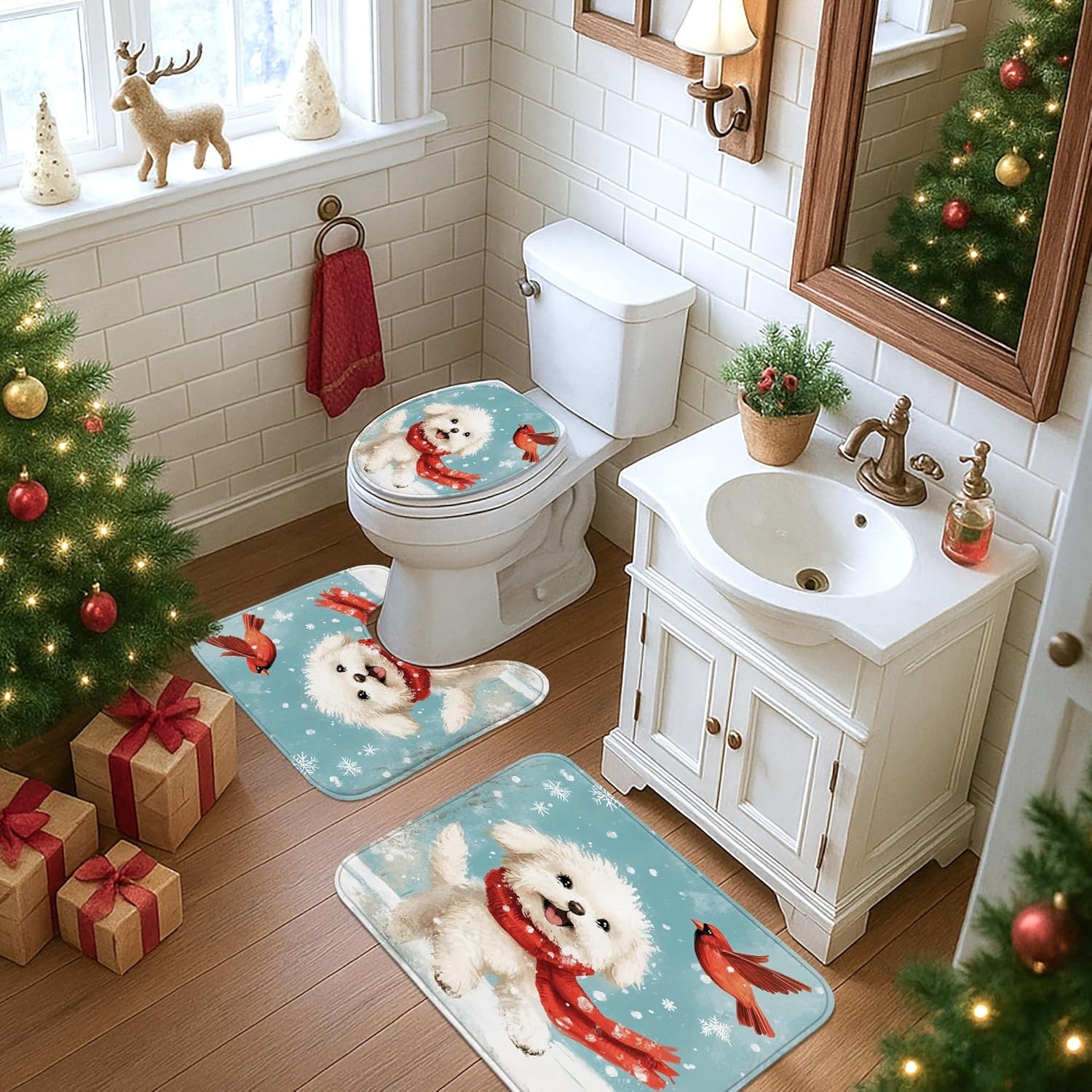 4PCS Winter Christmas Bichon Frise Dog Bathroom Accessory Sets with Non-Slip Rug, U Shape and Toilet Lid Cover Mat, Cute Kid Xmas Puppy Bathroom Decorative-72''x72''
