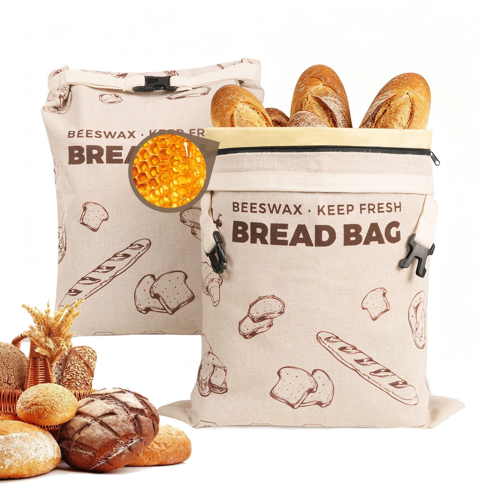 YARRAMATE Reusable Beeswax Bread Bags for Homemade Bread & Sourdough, 2 Pack XL 17x13in Linen Organic Bread Storage Bags with Zipper for Loaf, Baguette, Bagels and Sandwich Bread, Freezer Safe, Brown