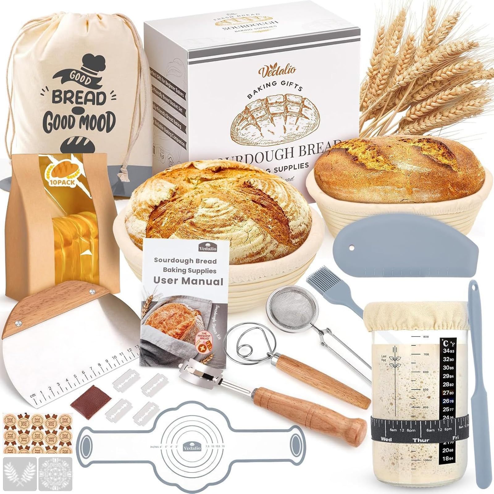 Kit Masa Madre Completo con Cesta de Fermentación Ratán | Jarra de Vidrio, Batidor y Cortador, Accesorios Panadería Artesanal para Principiantes y Regalo, Transpirable