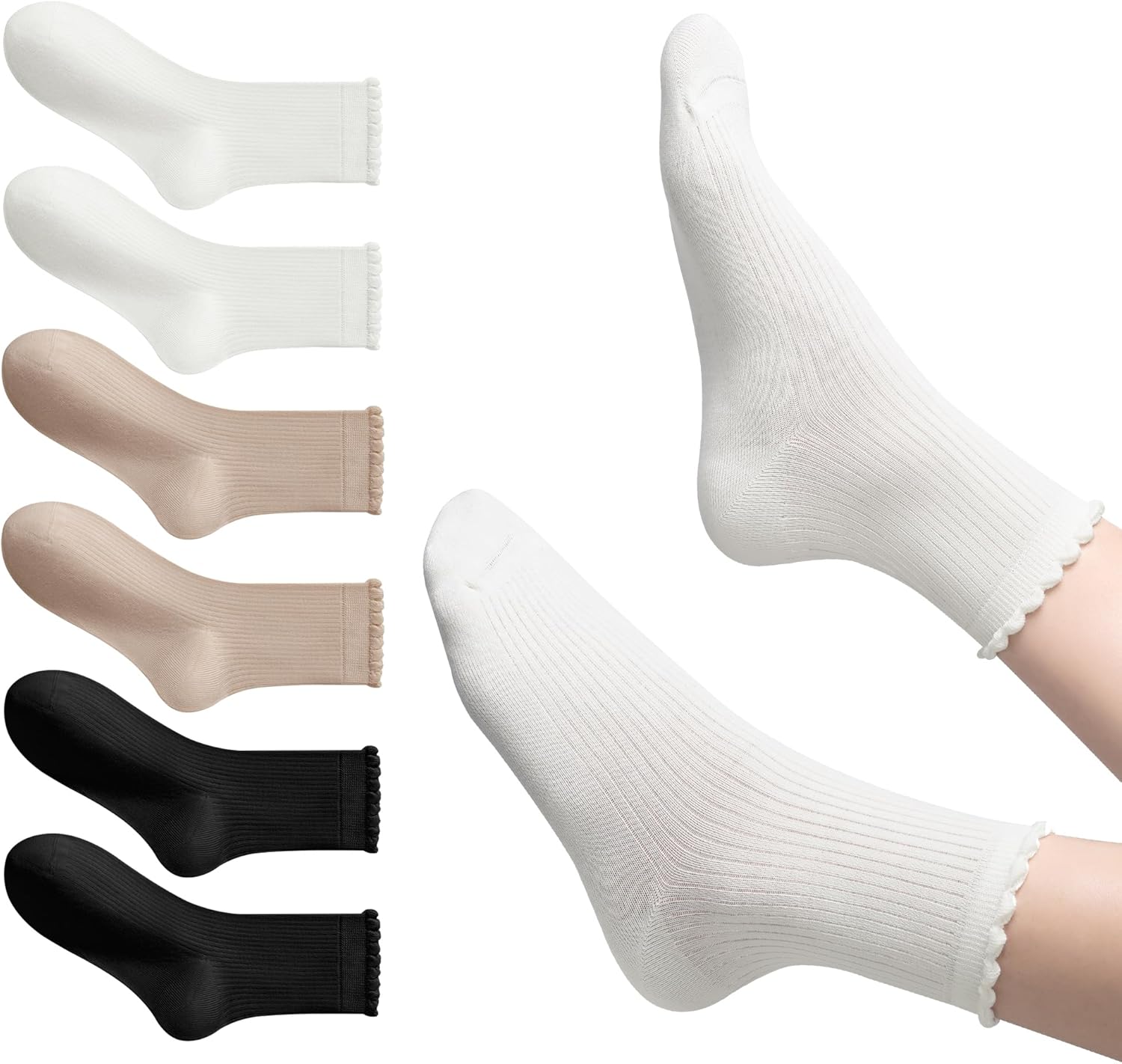 HOZMOZ 6 Pairs Ruffle Socks Women, 98% Cotton Cute Frilly Ankle Socks, Size 5-9, Casual, Work, Outfit Essentials