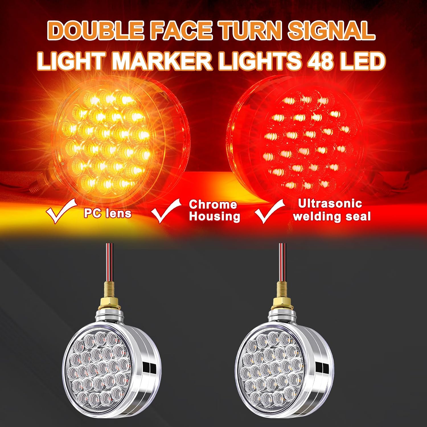 2x Round Double Face Fender Turn Signal Amber/Red Lights 48 LEDs Single Stud Led Stop Marker Running Lights Pedestal Compatible with Peterbilt/Freightliner IP67 clear lens