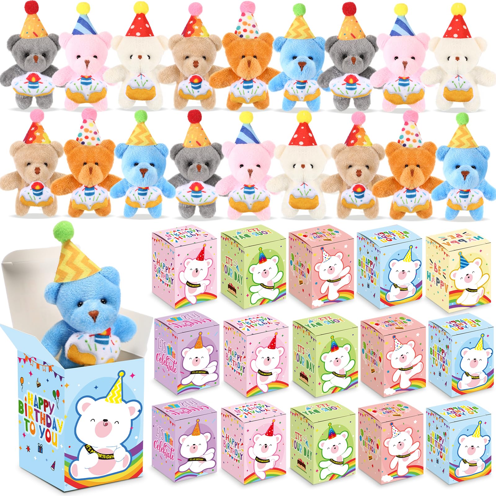 Blueweenly Juego de 24 llaveros de peluche para estudiantes, pequeños animales de peluche a granel con caja de regalo, pequeños llaveros de felpa para fiesta de cumpleaños, bolsa de regalo, premios de