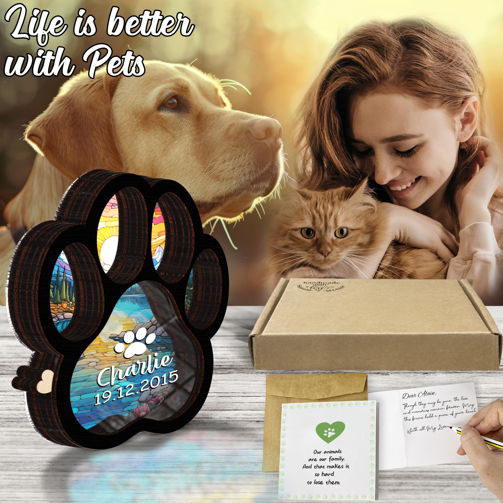 Scatola in legno personalizzata per animali domestici, scatola commemorativa con zampa per la perdita di animali domestici, biglietto di simpatia, regalo per gli amanti degli animali domestici