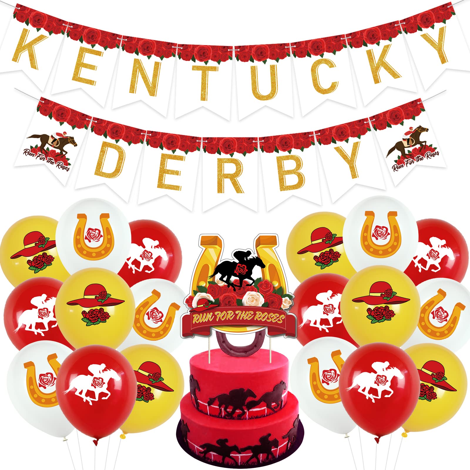 Derby Day Decorations Horseshoe Rose Trophy Horse Racing Theme Garland Banner Derby Balloons Run for the Roses Cake Toppers Horse Racing Party Supplies