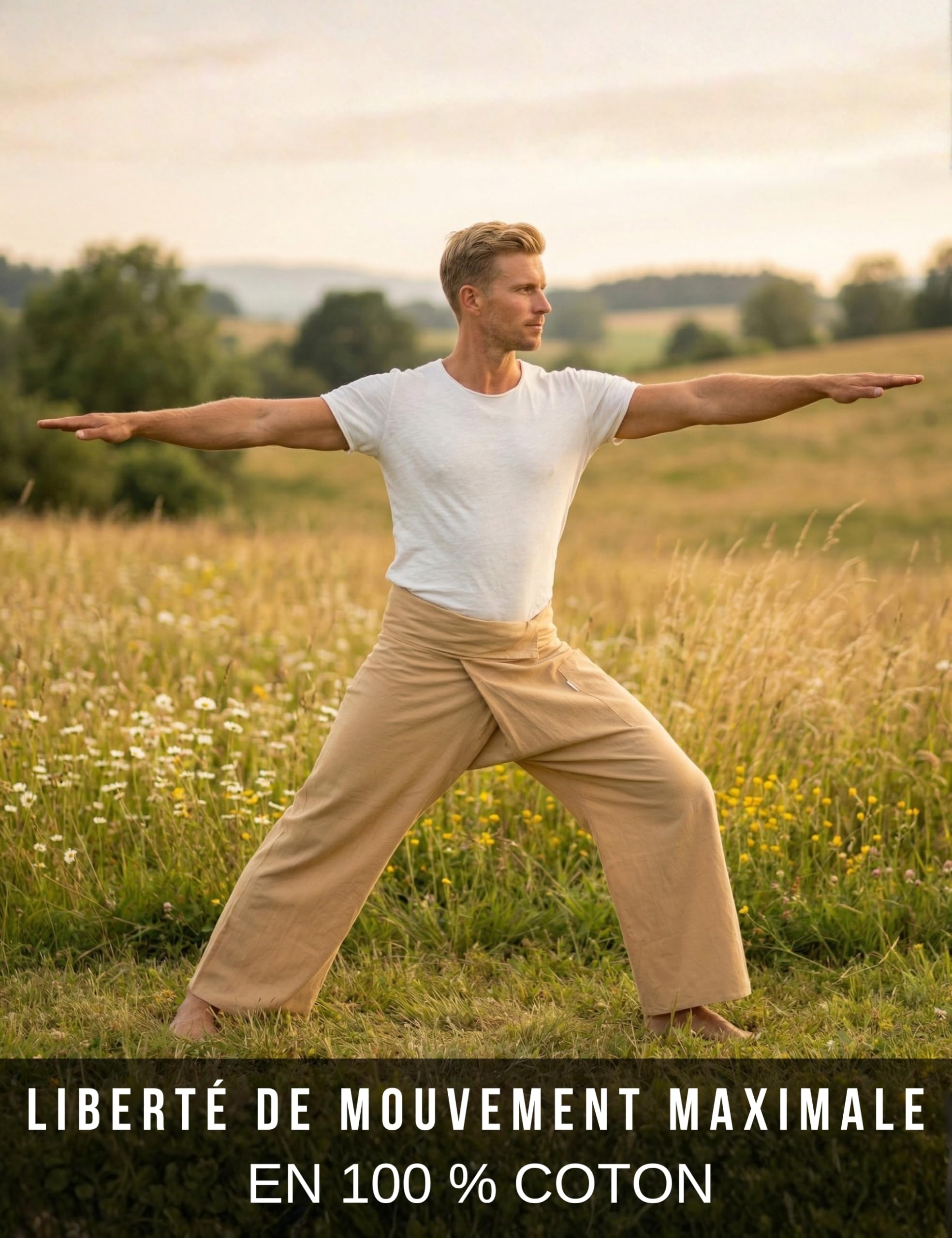 PANASIAM Pantalon de pêcheur thaï - Coton - Pantalon Portefeuille Unisexe | Pantalon thaï, aussi pour le yoga ou les arts martiaux, ajustement flexible en 2 longueurs, technique portefeuille, uni