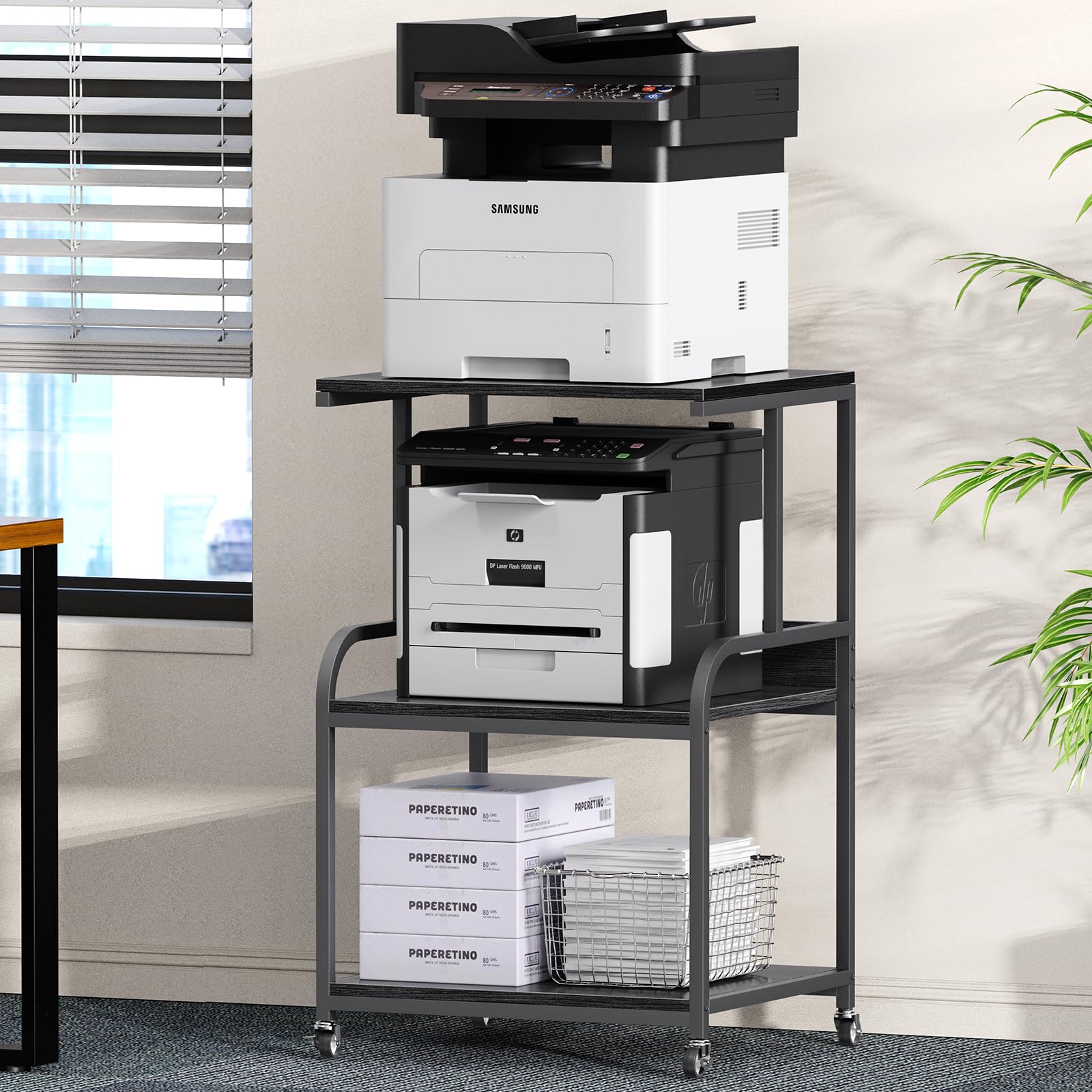 EasyCom Printer Stand- Large 3 Tier Printer Table with Wheels- Industrial Rolling Cart for Desk- Heavy Duty Printer Stands with Storage Shelf for Living Room Bedroom Office Black