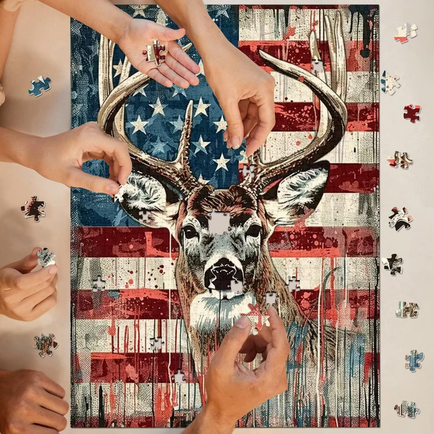 500 Piece Adult Jigsaw Puzzle -Milu and American Flag Deer Jigsaw Puzzle for Beginners, Great Gift-Freedom and Peace Puzzles
