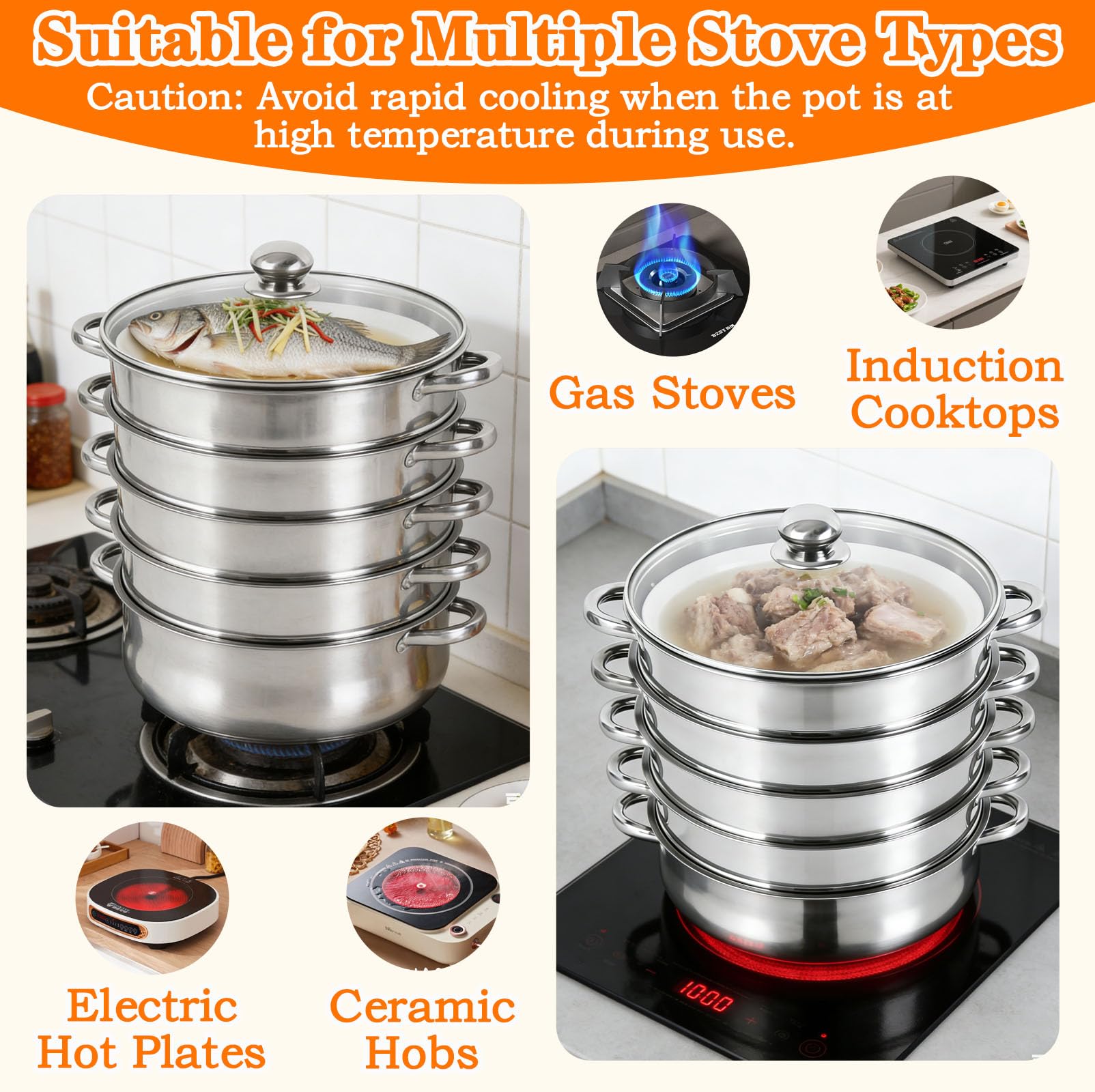 Vaporera Acero Inoxidable con Tapa Vristal, Olla Presión Verduras Grande Hogar 5 Capas Duradera, Ollas Vaporera Cocinar Vapor Cocinar Vapor Steamer Cooking para Cocinar Verduras Mariscos Sopas Guisos