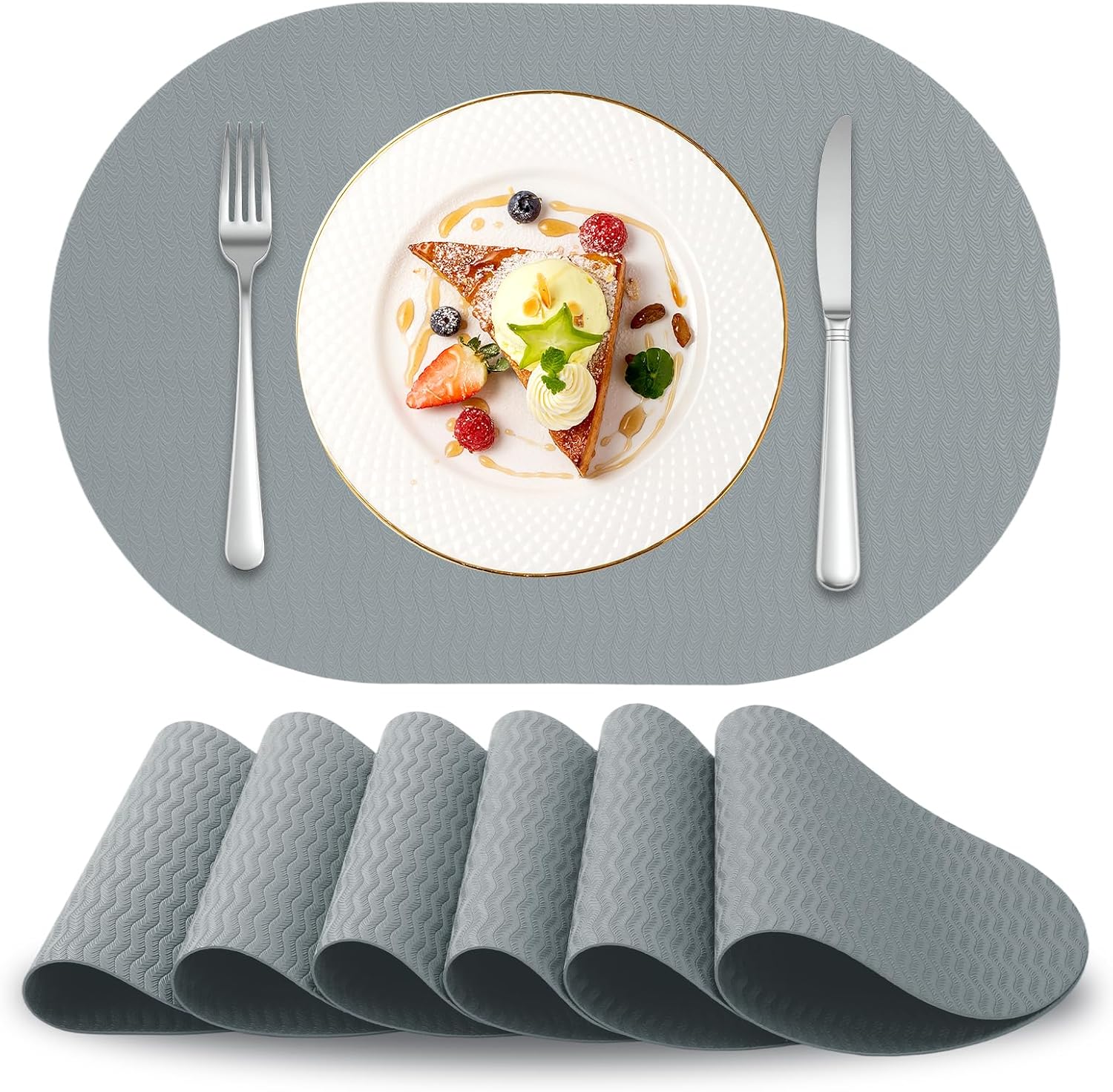 Placemats Set of 6 Double-Sided Faux Leather Leaf Design Oval Placemats for Dining Table Mats Heat Resistant Waterproof Wipeable Washable Non-Slip Kitchen Table Placemats (Beige)