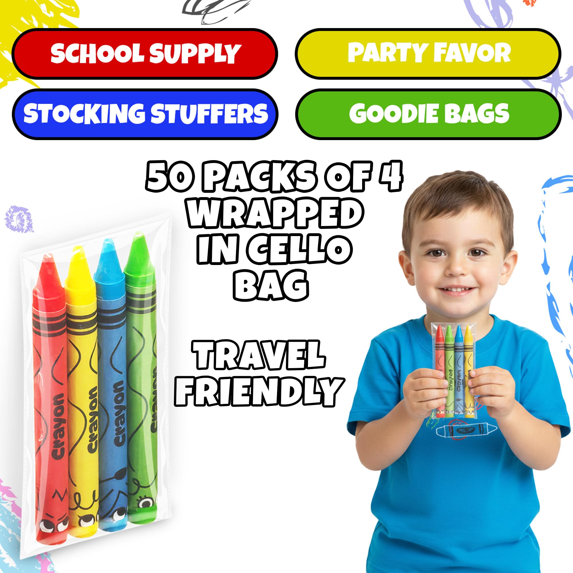 Großkreiden, 200 Stück (50 Sets von 4 Stück), einzeln verpackte Buntstifte, Partygeschenke für Kinder, Restaurants, Klassenzimmer, Geburtstagsgeschenktüten, Schulbedarf, Reisen, Kleinkinder, Malspaß