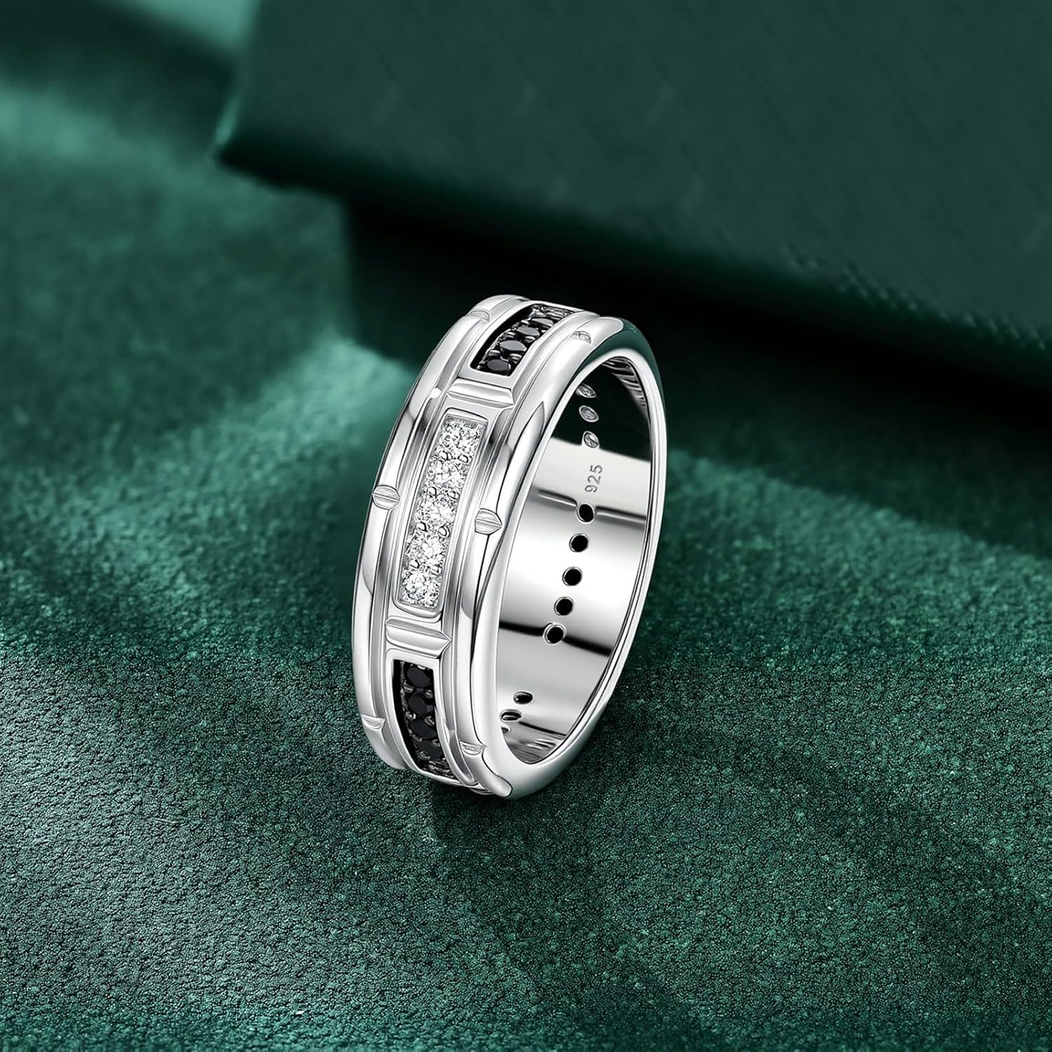 SHELOVES Moissanite Mens Wedding Bands D Color VVS1 Black Wedding Rings for Him 925 Sterling Silver Step Edges Size 8-13