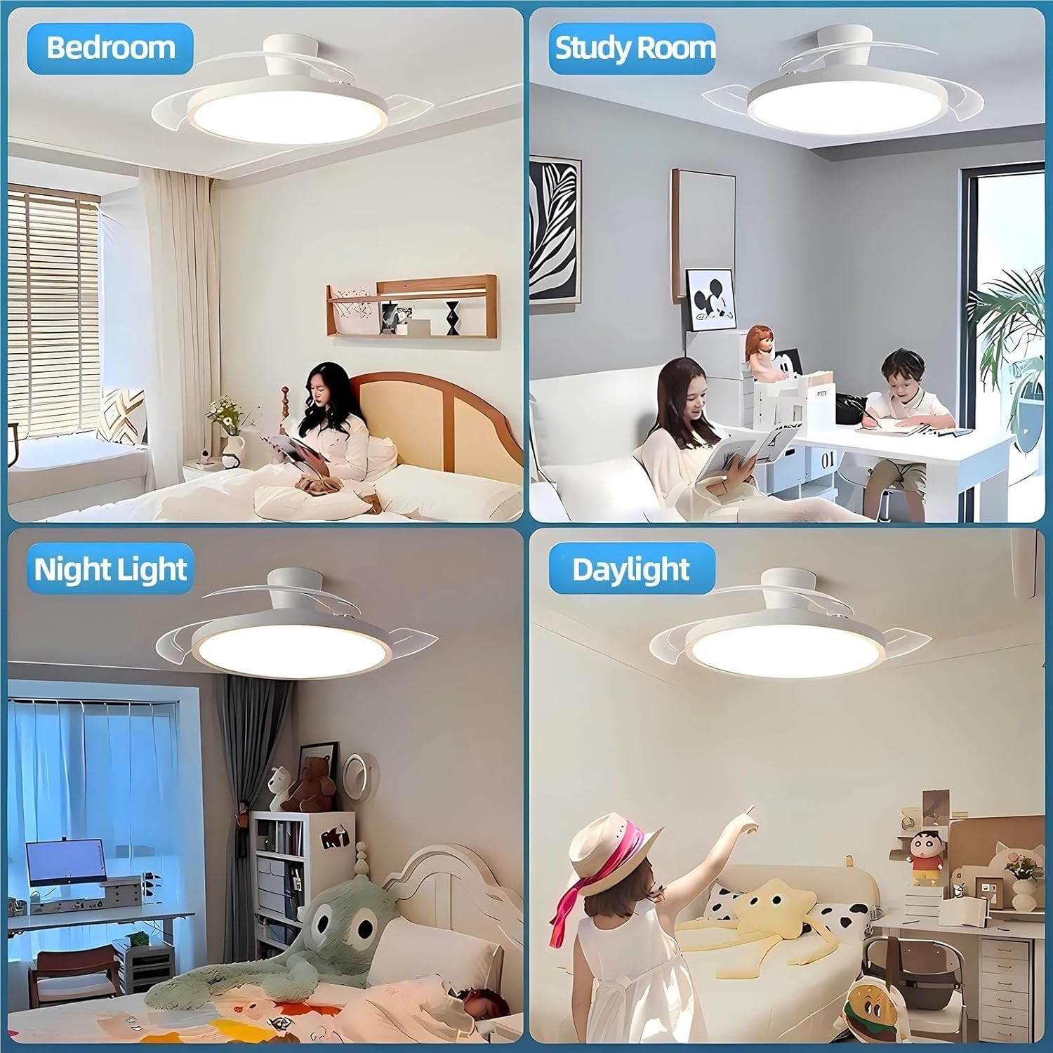 Modern Invisible Ceiling Fan with LED Light DC Motor Large Air Volume Remote Control for Bedroom Dining Room(48inch)