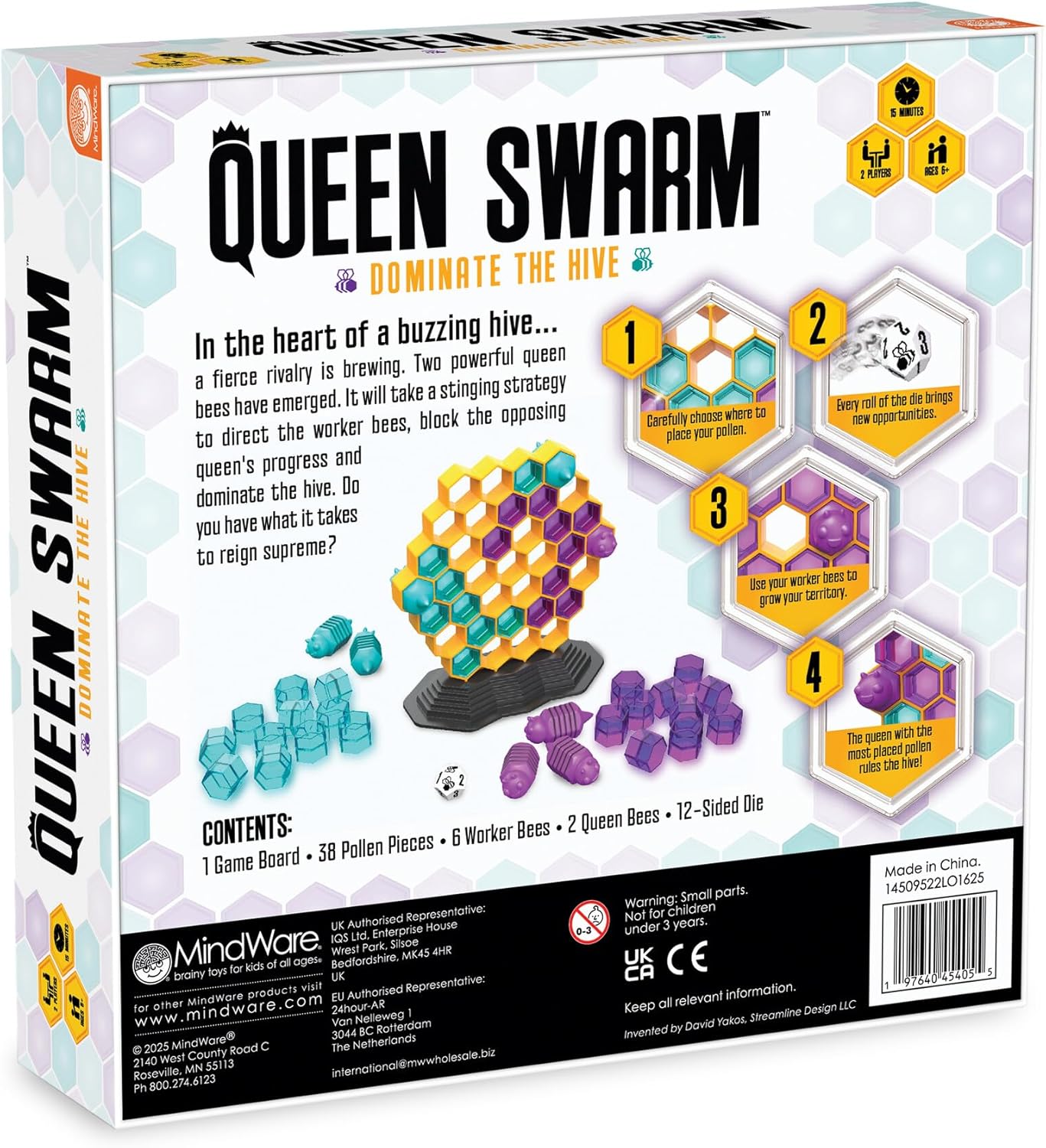 MindWare Queen Swarm - Strategic Hive Domination Game for Kids & Families, Dice-Rolling Area Control Board Game, Ages 6+, 2 Players