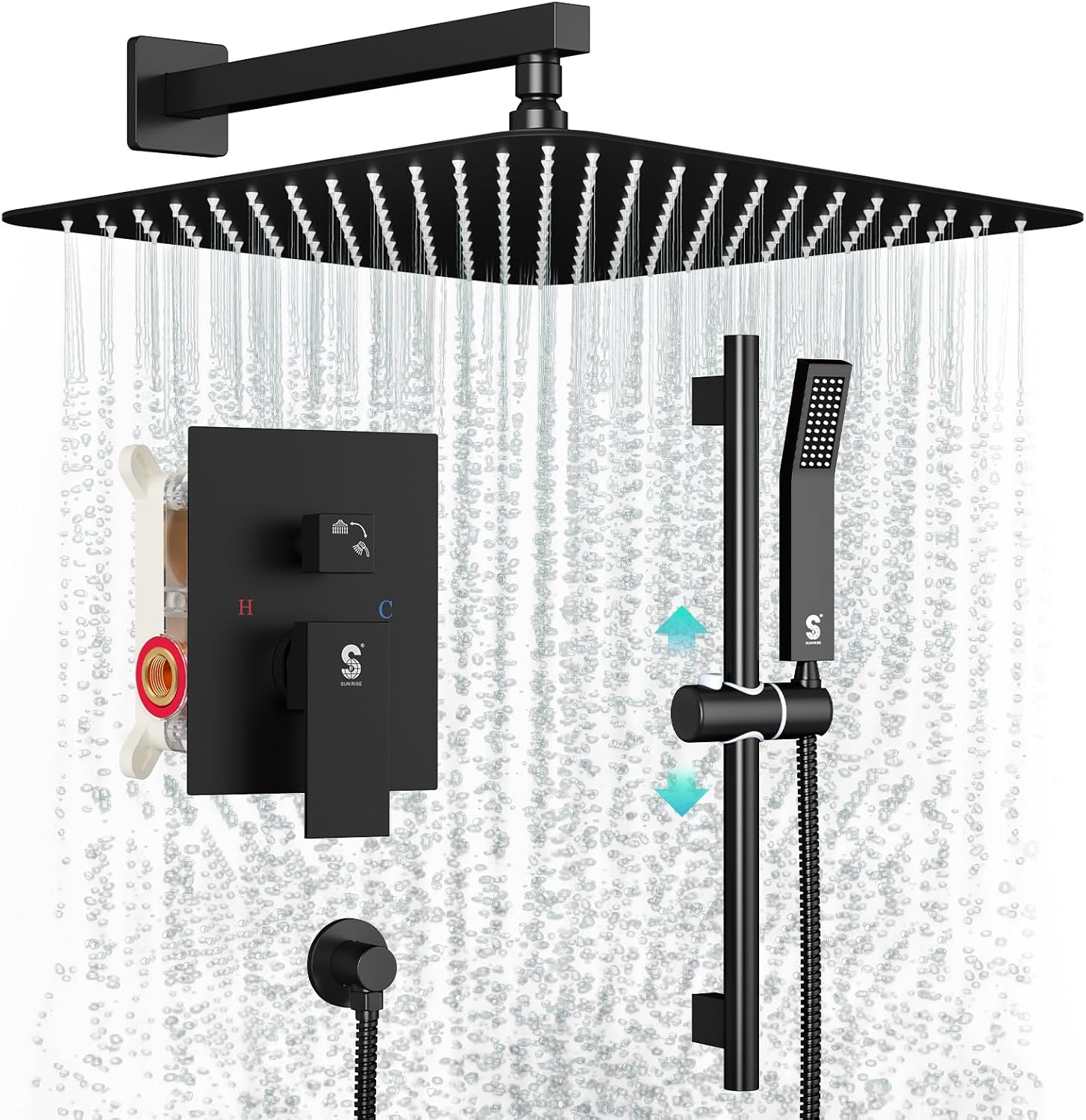 matte black shower system front view with rain head