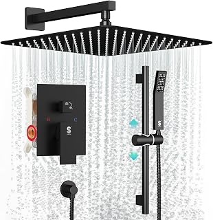 SR SUNRISE Matte Black 12-Inch Rain Shower Head & Handheld Combo with 16-Inch Slide Bar, High-Pressure Wall Mount System, Valve & Trim Kit Included