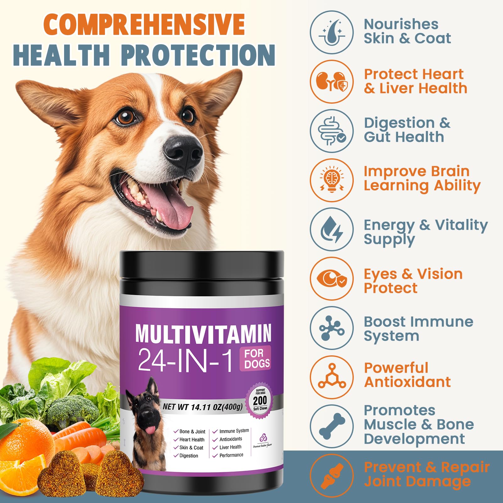 24-in-1 Dog Vitamins and Supplements 200 Ct Dogs Multivitamin Chewable Contain Chondroitin Probiotics Omega-3 Glucosamine for Dogs Skin Coat Heart Joint Gut Liver Brain Immune Support - Peanut Butter — Amazon image 2
