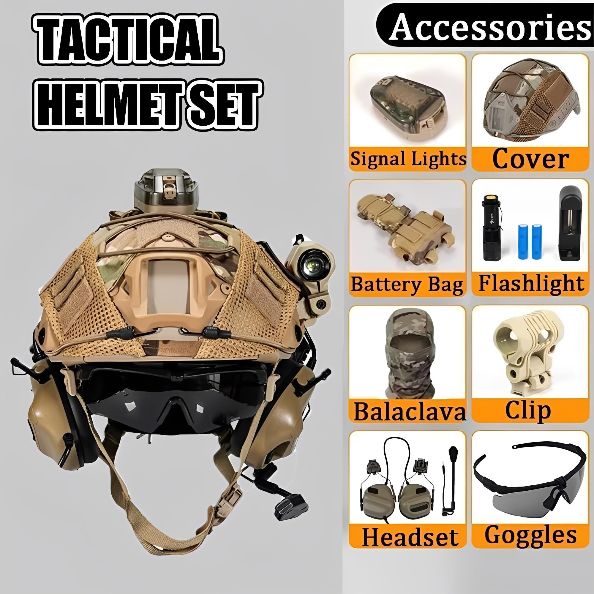 Ensemble Casque Tactique Airsoft Fast avec Casque Communication, Lampes Signalisation Réponse Rapide, Lampe Torche Lunettes Antibuée pour Paintball Cosplay