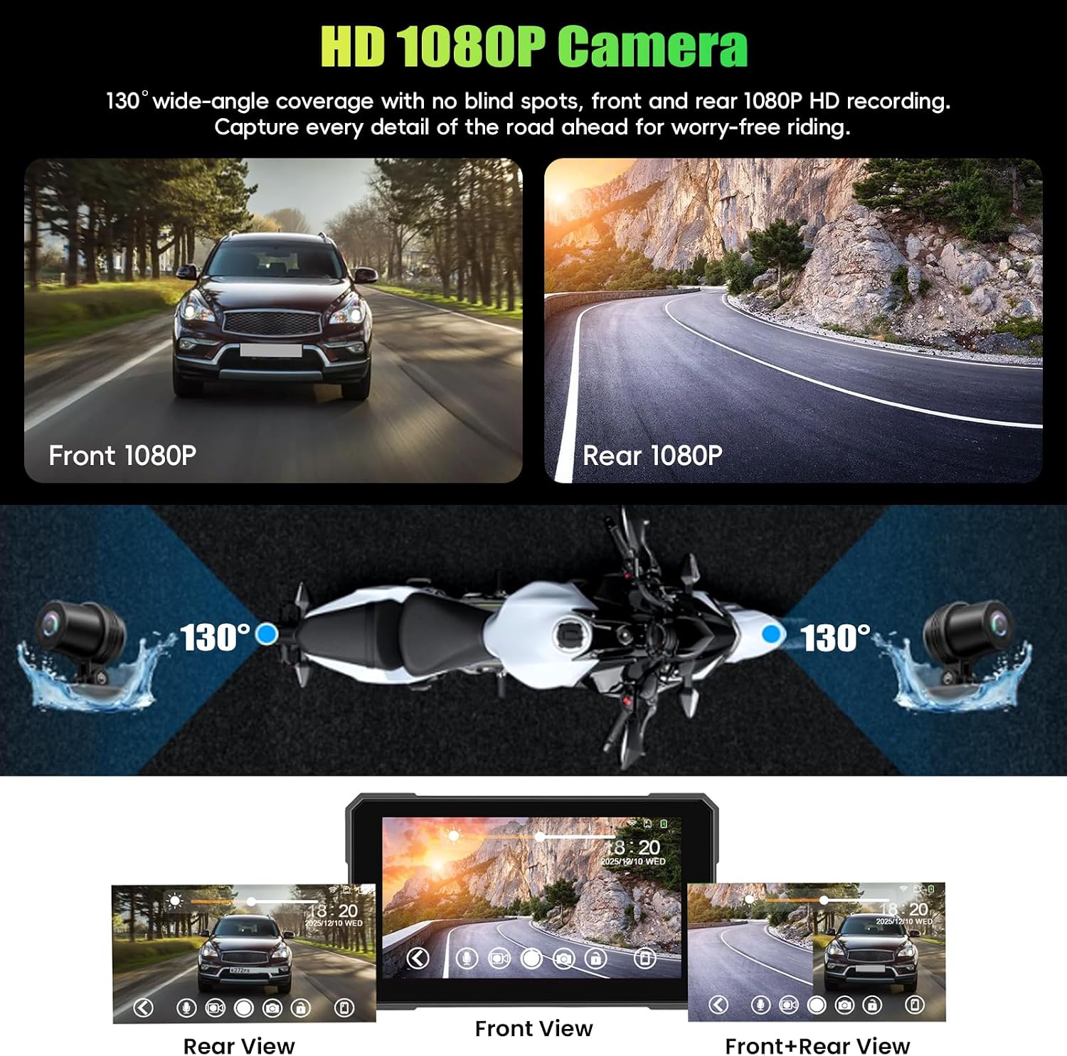 CAMECHO Motorcycle CarPlay Screen with 1080P Dash Cam Front & Rear Camera, Wireless Car Play Screen for Apple CarPlay & Android Auto, 5" Waterproof GPS Navigation Screen, Bluetooth Trans, WiFi Video