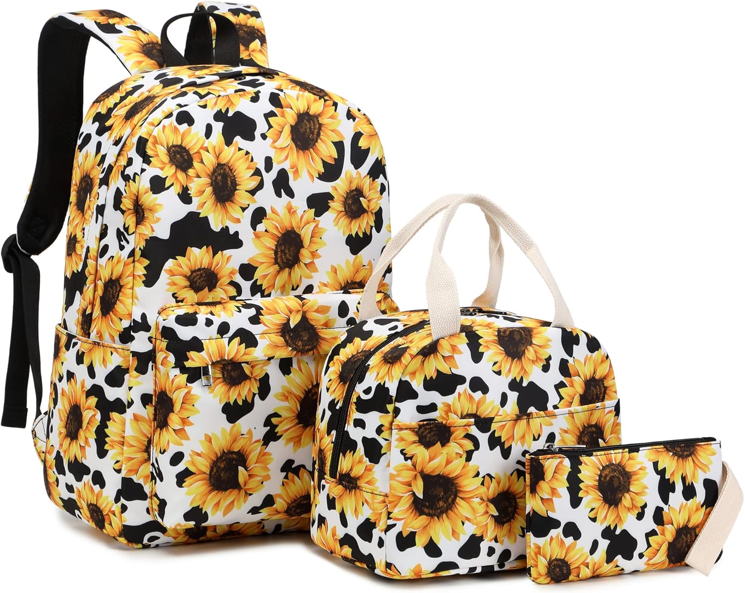 Mimfutu Sunflower Cow Print School Backpack for Teen Girls, 3-in-1 Kids Backpack Bookbag Set School Bags with Lunch Box Pencil Case