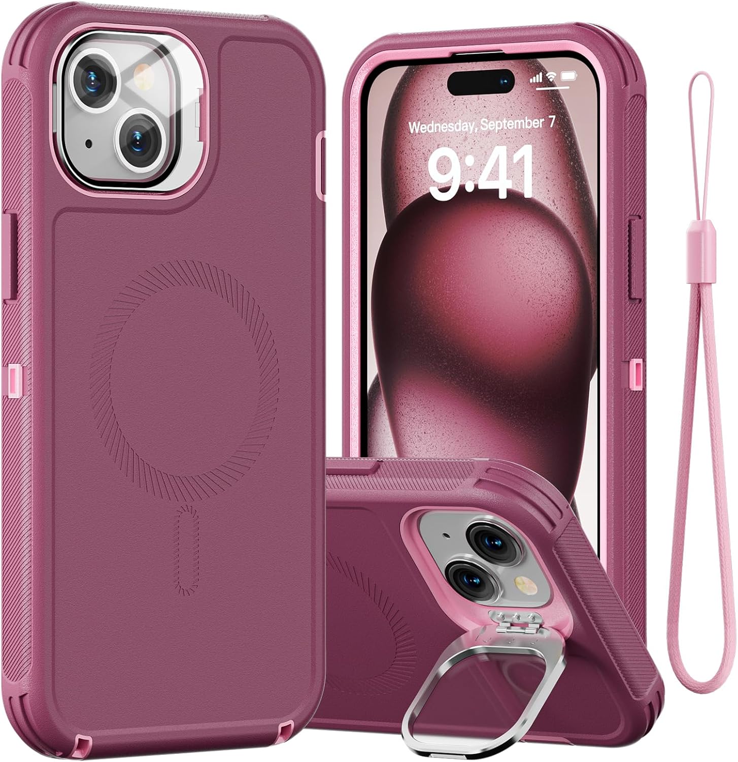 for iPhone 15 Plus Case with Stand & Built-in Camera Cover, MagSafe Compatible, Heavy-Duty Shockproof Protection, Magnetic & Rugged Phone Cover for iPhone 15 Plus 6.7'', Purple-Pink