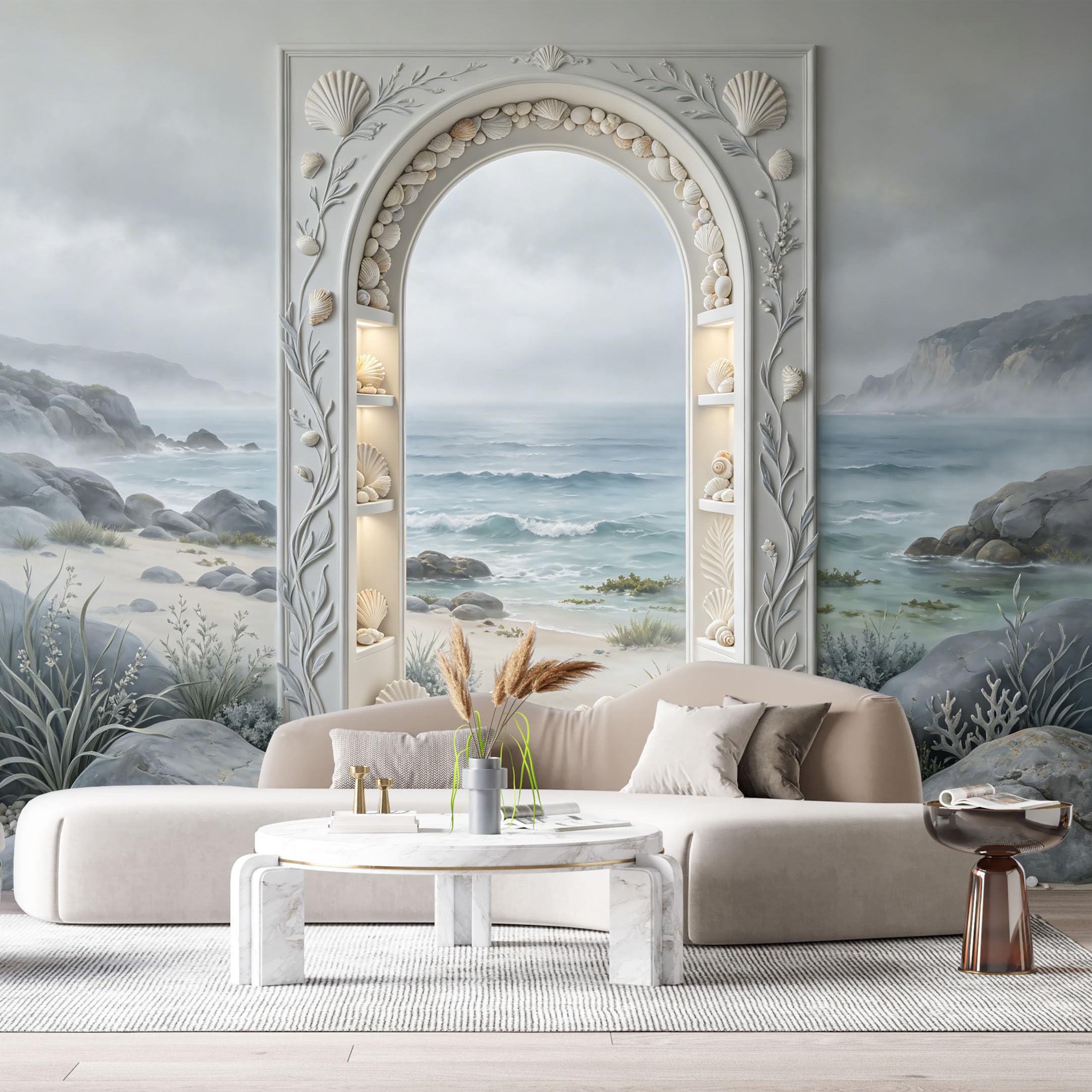 Custom Size Wall Murals Coastal Ocean Marine Beach Arch 3D Trompe L'Oeil SelfAdhesiveWall Fabric Removable Wallpaper Wall Decor for Living Room Bedroom Bathroom