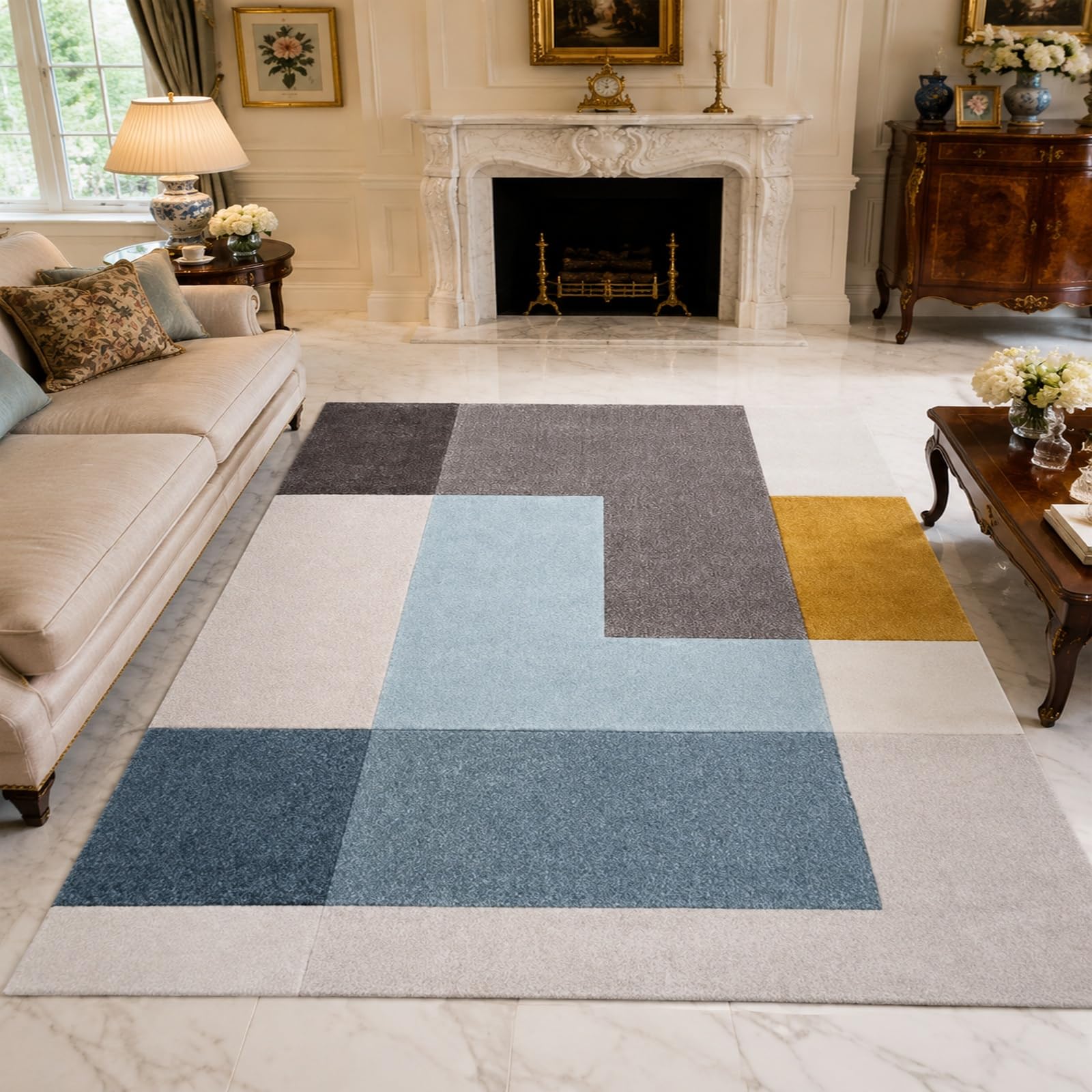 Tappeti di zona, 110 x 180 cm, Moderno geometrico Marrone Grigio Blu Giallo Beige Bianco, Tappeto Moderno Pelo Corto Cucina Antiscivolo Lavabile Corridoio Entrata Bagno,