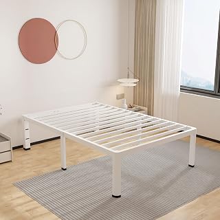 ROIL 14 Inch White Twin XL Bed Frame with Rounded Corner and Headboard Hole Mattress Retainers, 3500LBS Heavy Duty Steel Slats No Box Spring Needed Platform Noise-Free Easy Assembly - Amazon product rated Grade A