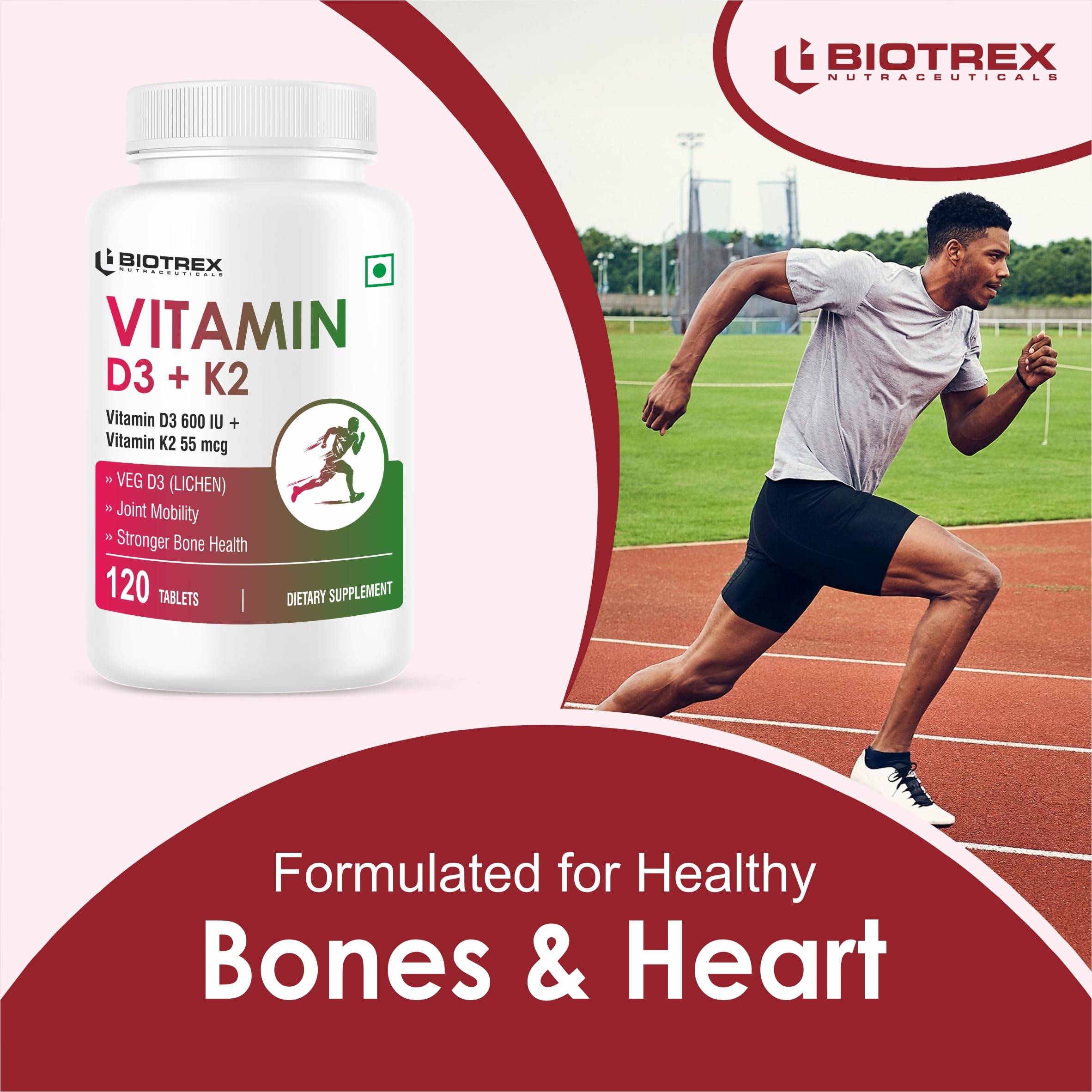 Biotrex Nutraceuticals Vitamin D3 600 IU + K2 MK7 Supplement For Advance Bone Health & Heart Health - 120 Veg Tablets — Amazon image 2