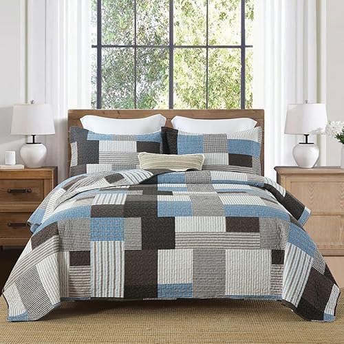 Colchas tamaño Queen - Juego de ropa de cama de 100% algodón profundo y gris claro, edredón Queen a rayas grises de granja, juego de colcha