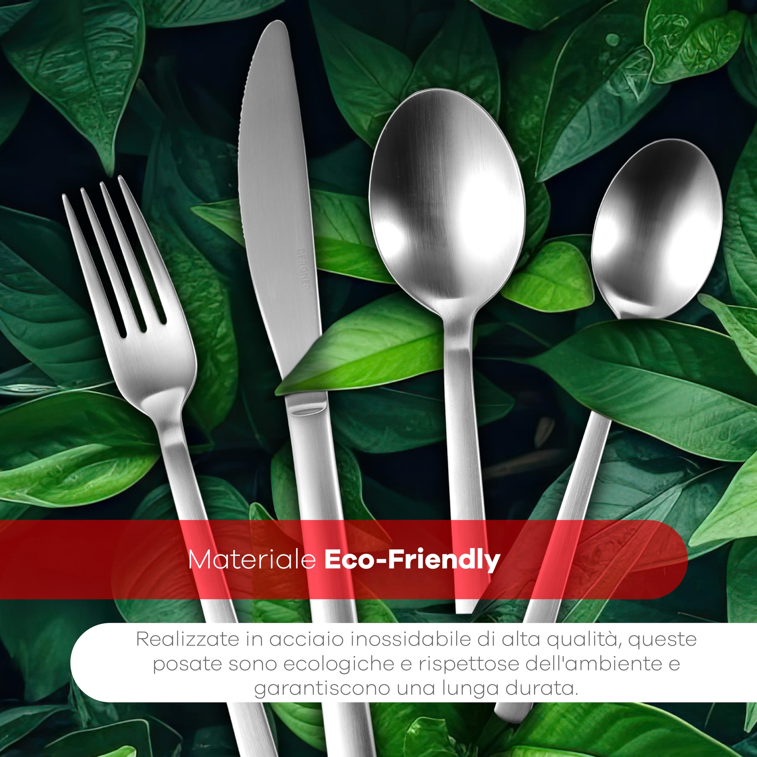 BERGNER NICE - Set 24 pezzi di posate in acciaio inox - Include coltelli, forchette, cucchiai, cucchiai da tavola - Spessore 2,5 mm - Finitura opaca - Ecologico - Lavabile in lavastoviglie