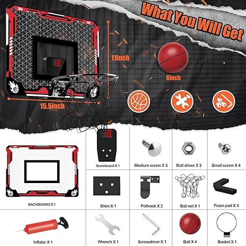 Miniatura 2 de Aro de baloncesto para interiores, mini aro de baloncesto para niños con marcador electrónico y 4 bolas, plegable sobre la puerta, ventilador de