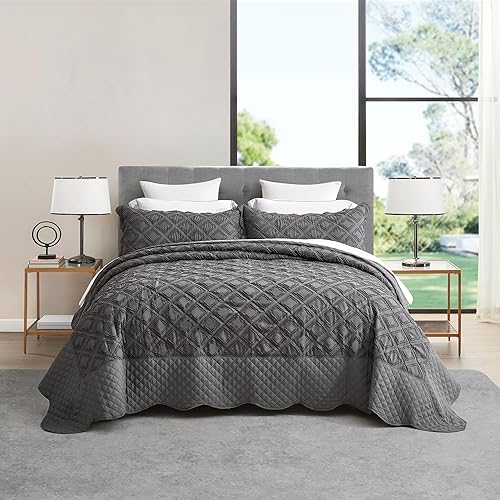 Miniatura 2 de Blythease Colcha extragrande tamaño King color blanco puro, aspecto rústico Shabby Chic, diseño jacquard y copetudo, ligero, juego de 3 piezas, 100%