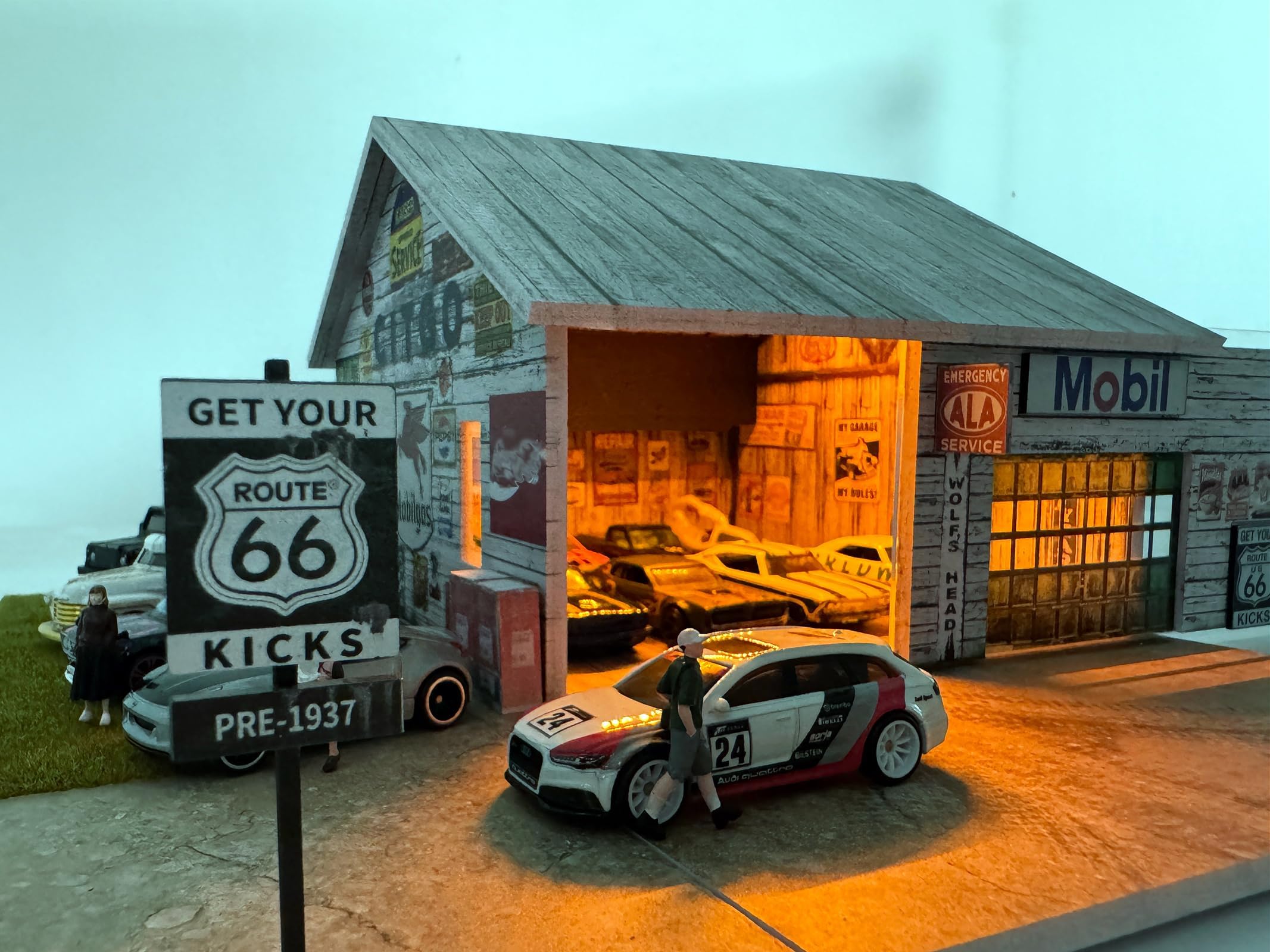 Model garażowy z oświetleniem LED 1:64 Diorama do modeli samochodów Diecast, witryna kompatybilna z Hot Wheels, Matchbox, Mini GT (magazyn)