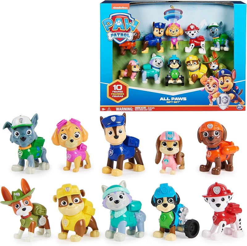 Paquete de regalo de 10 figuras All Paws On Deck del décimo aniversario de Paw Patrol | 10 figuras de acción coleccionables, Chase, Marshall, Rocky, Rubble, Zuma, Skye y más, juguetes para niños y niñas a partir de 3 años