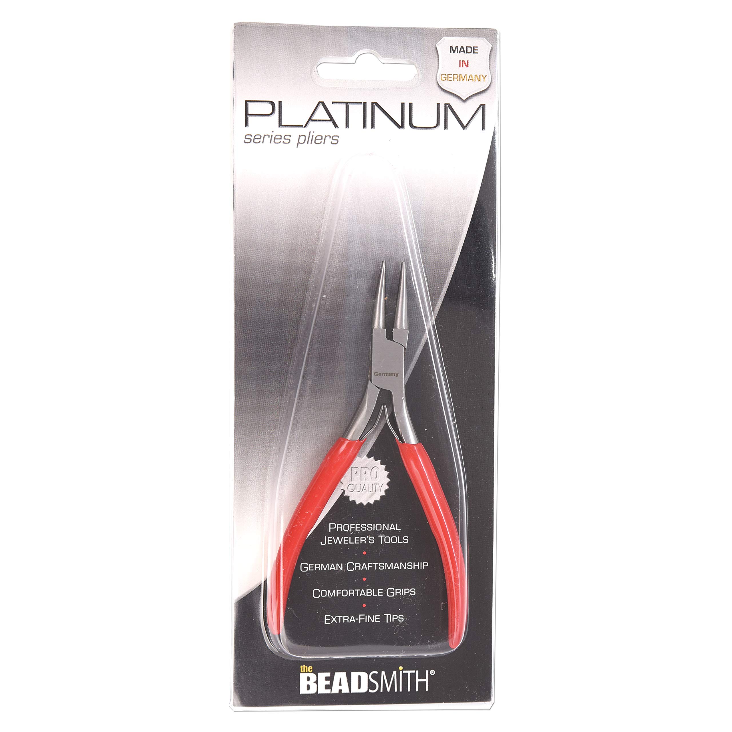 The Beadsmith Niemieckie szczypce okrągłe z serii Platinum 120 mm z głowicą ze stali polerowanej, czerwony uchwyt z wygodnym uchwytem z PCW i sprężyną z podwójnym liśćmi, narzędzie do produkcji biżuterii