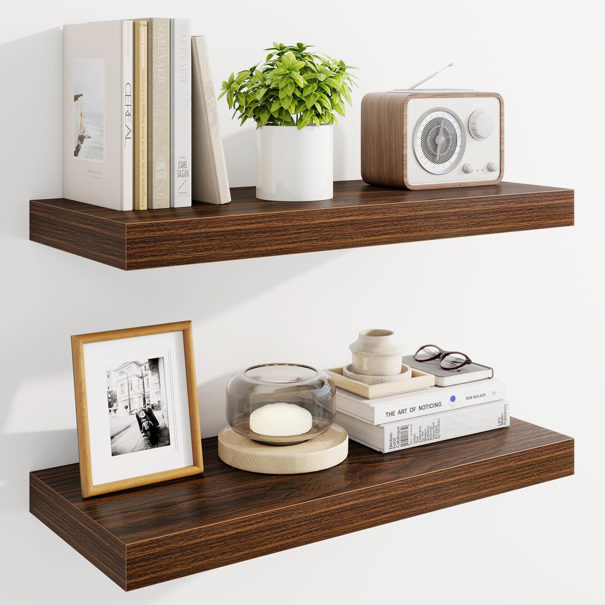 Marsmiles 60cm Floating Shelves for Wall, Wooden Shelves with Invisible Brackets Set of 2, Rustic Farmhouse Wall Mounted Shelf for Kitchen Bathroom Living Room Study, Walnut