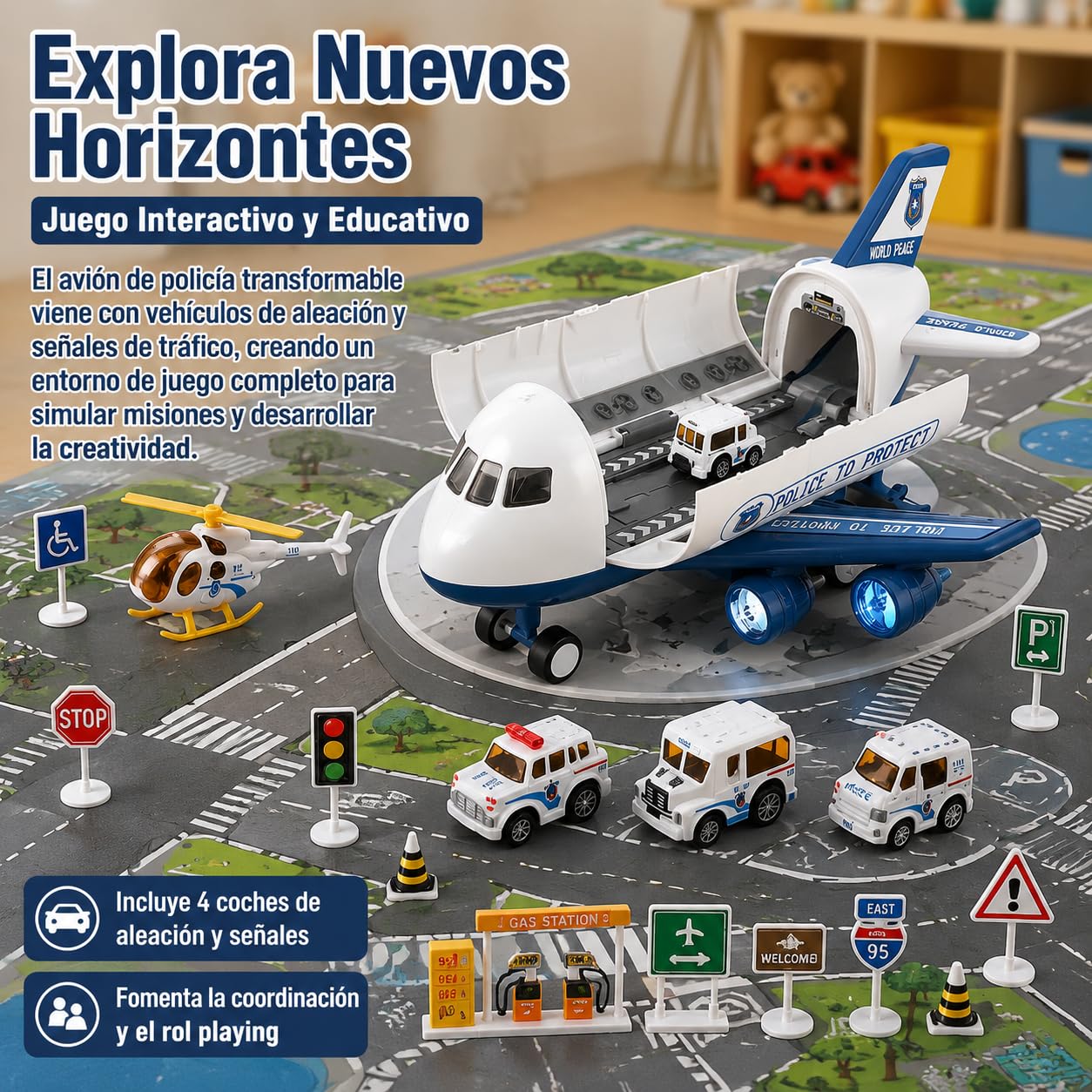 Avión jugue Grande, Recargable, con 4 coch de aleación y señal, Regalo para niños 4+ años, Avión de policía con 4 Coches