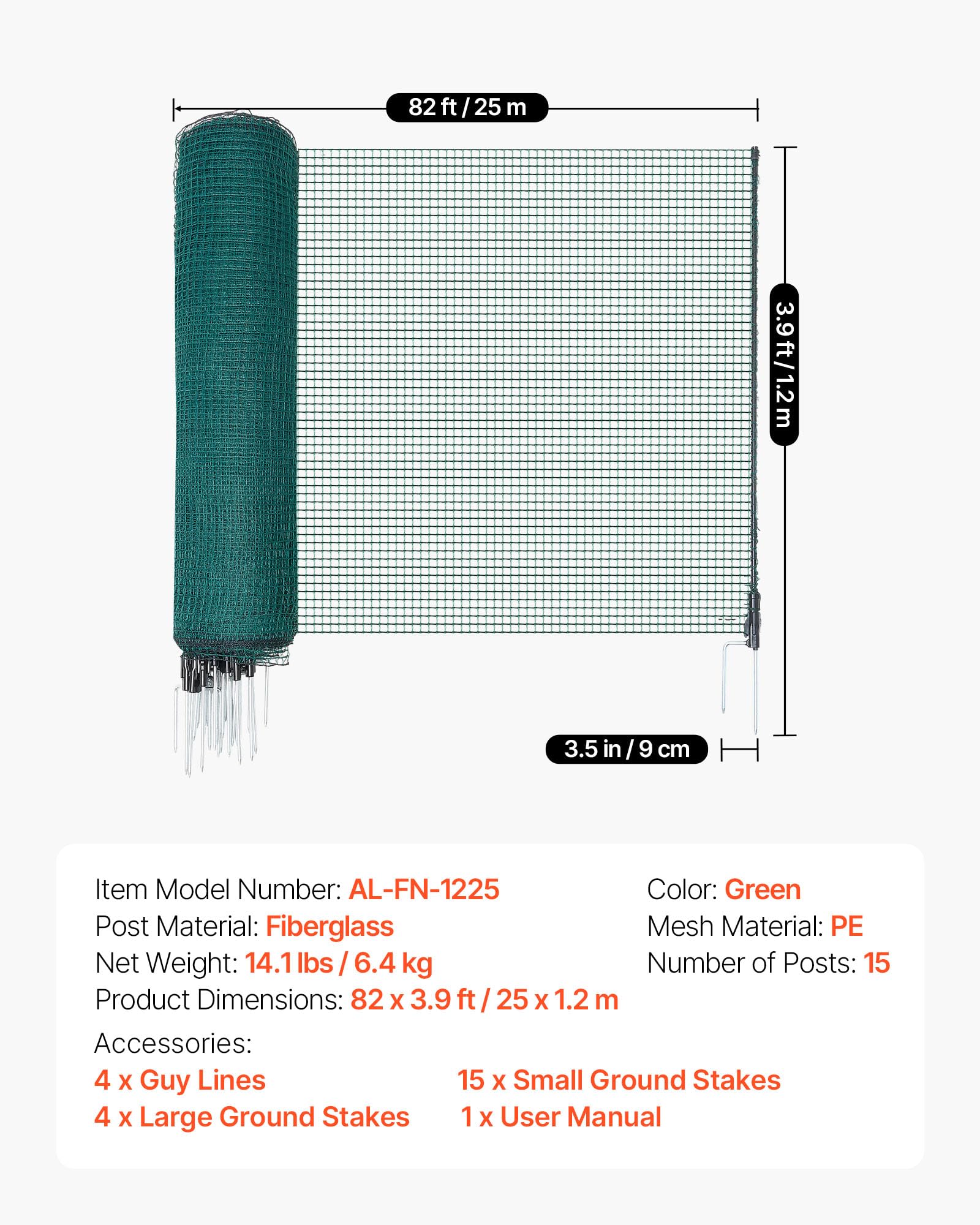 VEVOR Clôture Filet Mobile 25x1,2 m Filet de Clôture pour Chien en Plastique Temporaire pour Poules, Plantes, Jardin, Cours Extérieures, Mailles Serrées, avec Poteaux, Piquets à Double Pointe, Haubans