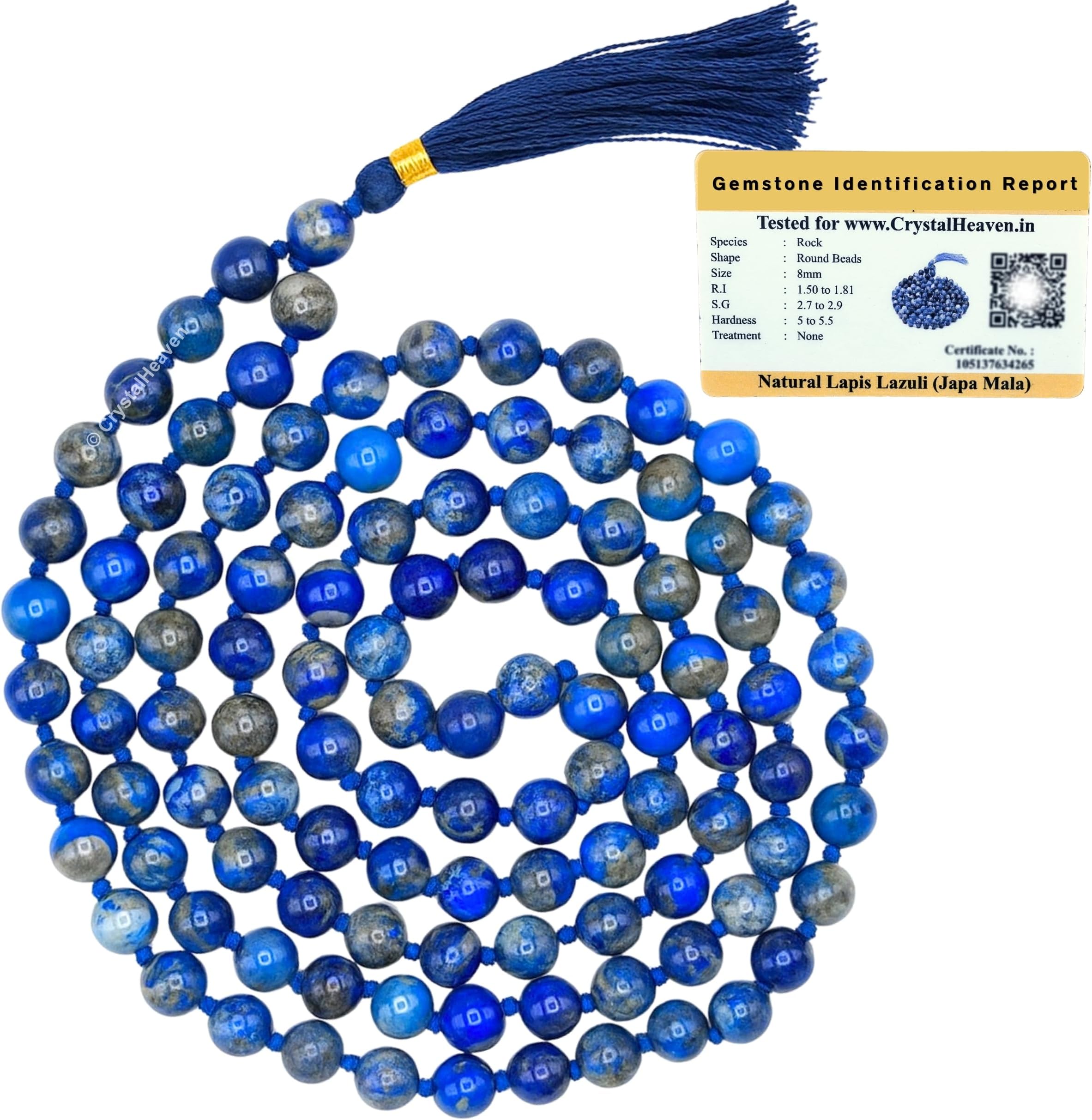 Certified Lapis Lazuli Crystal Japa Mala Ganthi - 108 Beads Buddhist Prayer Beads - AAA Grade Original Healing Gemstone Agate Mala for Yoga Meditation Spiritual Reiki Feng Shui
