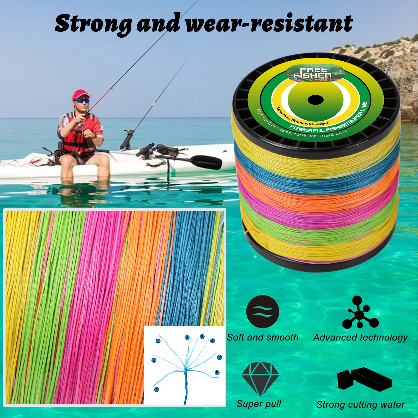 Fil de Pêche 1000M 8 brins Superpower Tresse de Pêche Résistante à l'abrasion Ligne de Pêche en PE Tressée pour Pêche Mer Riviere