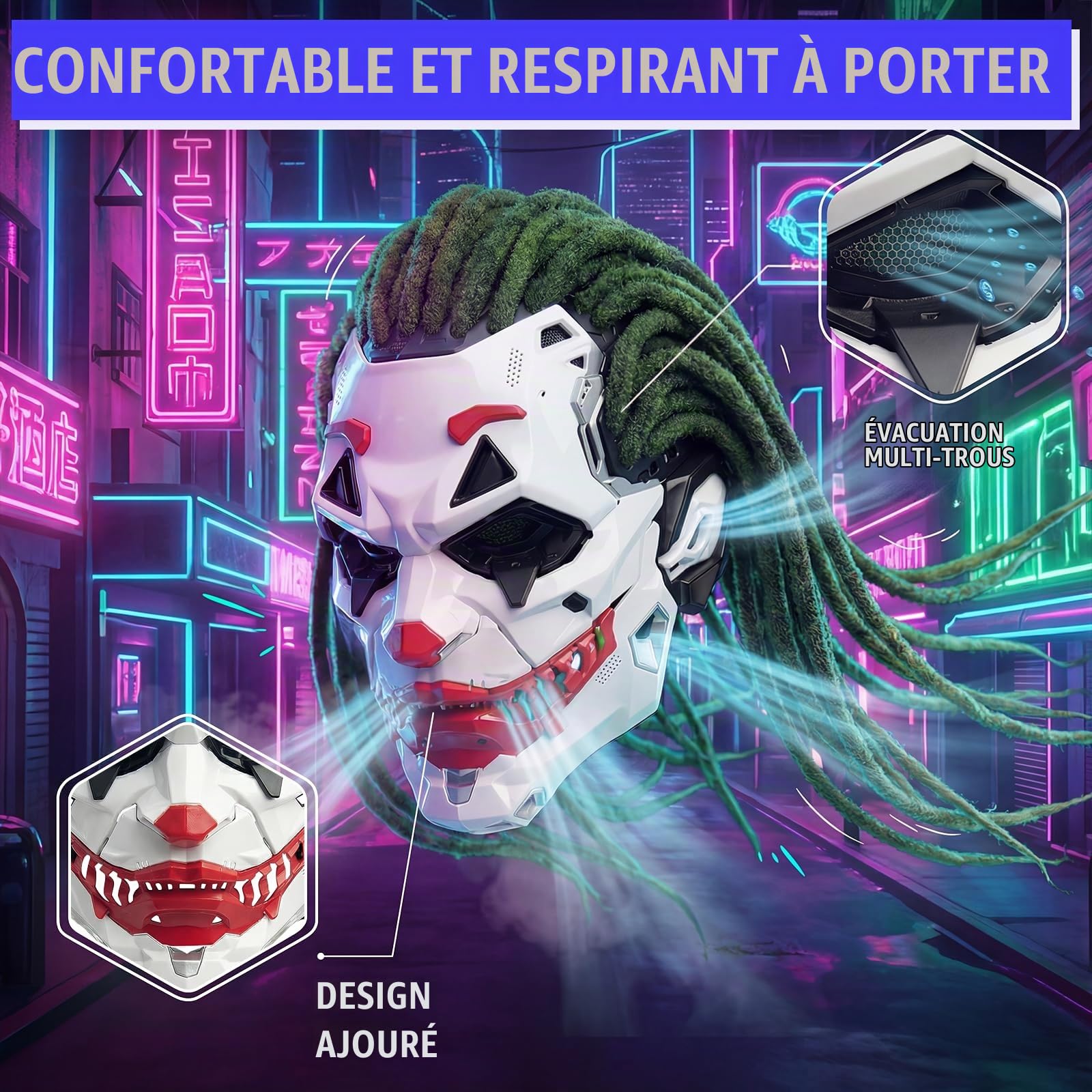 Masque de clown Joker pour Halloween style mech dreadlocks pour adulte - Masque effrayant pour fête et cosplay