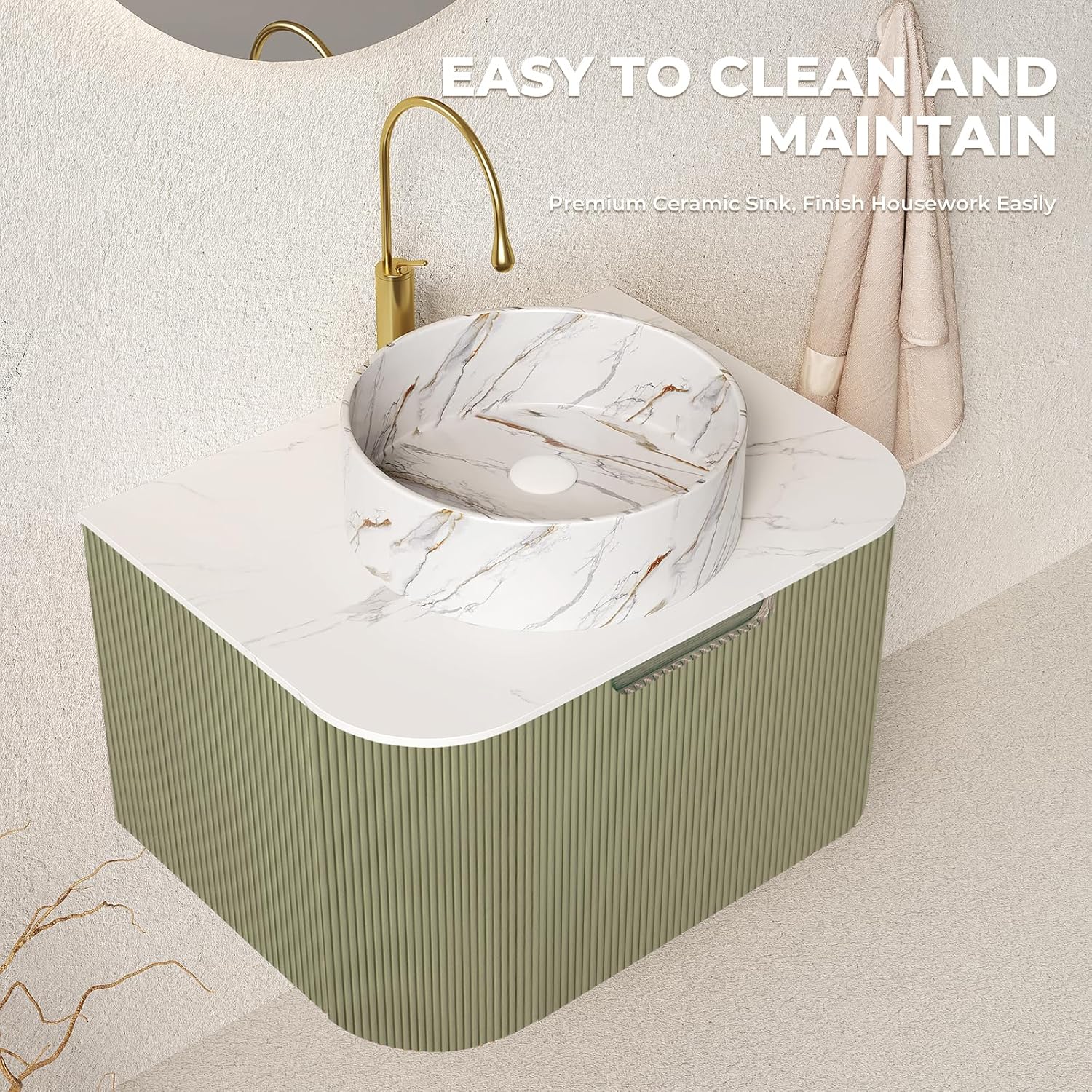 LKTART 24 Inch Floating Bathroom Vanity with Sink, Modern Wall Mounted Bathroom Storage Cabinet with Drawer, Stone Pattern Round White Ceramic Sink Top and Marble Texture Top, Green