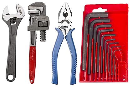 ACHRO Hex 12 Pieces Tool Kit Set for General Use (8 Inch Adjustable Spanner & 10 Inch Pipe Wrench, 8 Inch Combination Plier+ 9Pcs Allen Key Set)