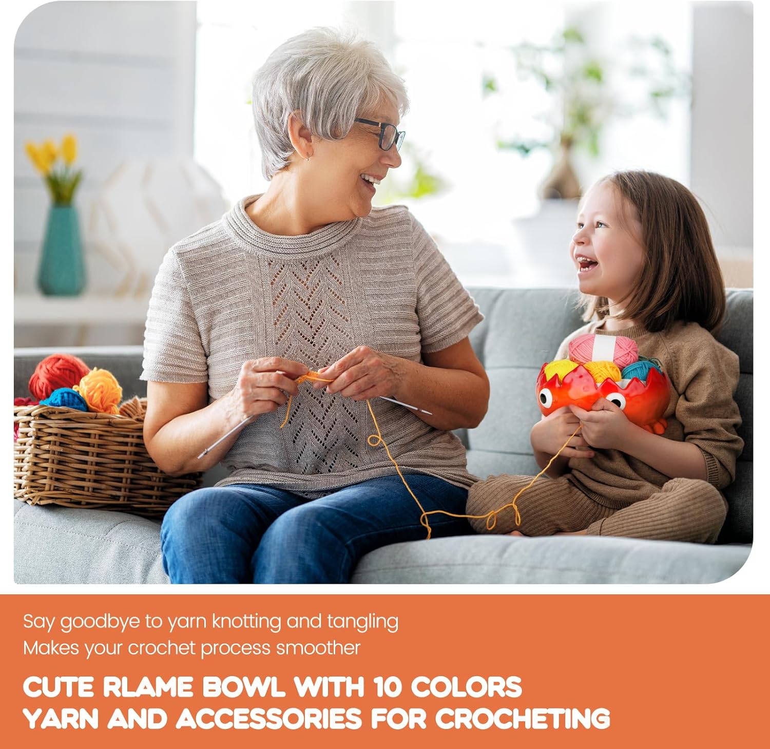 Flame Yarn Bowll for Crocheting and Knitting,7.48*3.6 Inch Large Capacity Crochet Bowls Containing 10 Bundles of Yarn and 2 Crochet Hooks,Exquisite and Cute Yarn Bowl,Suitable for Crochet Enthusiasts