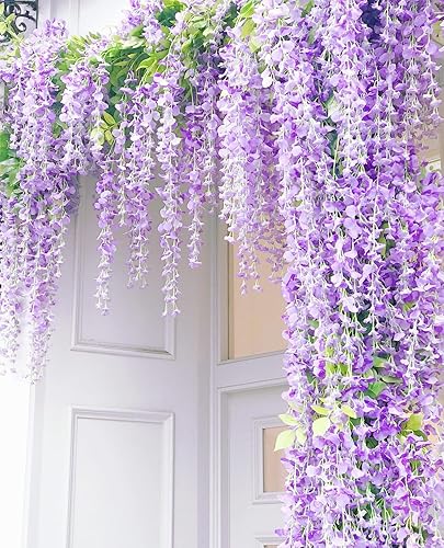 Miniatura 7 de Flores colgantes de glicina, paquete de 24 flores artificiales, guirnalda colgante de ratán de glicina falsa, guirnalda de flores de seda para