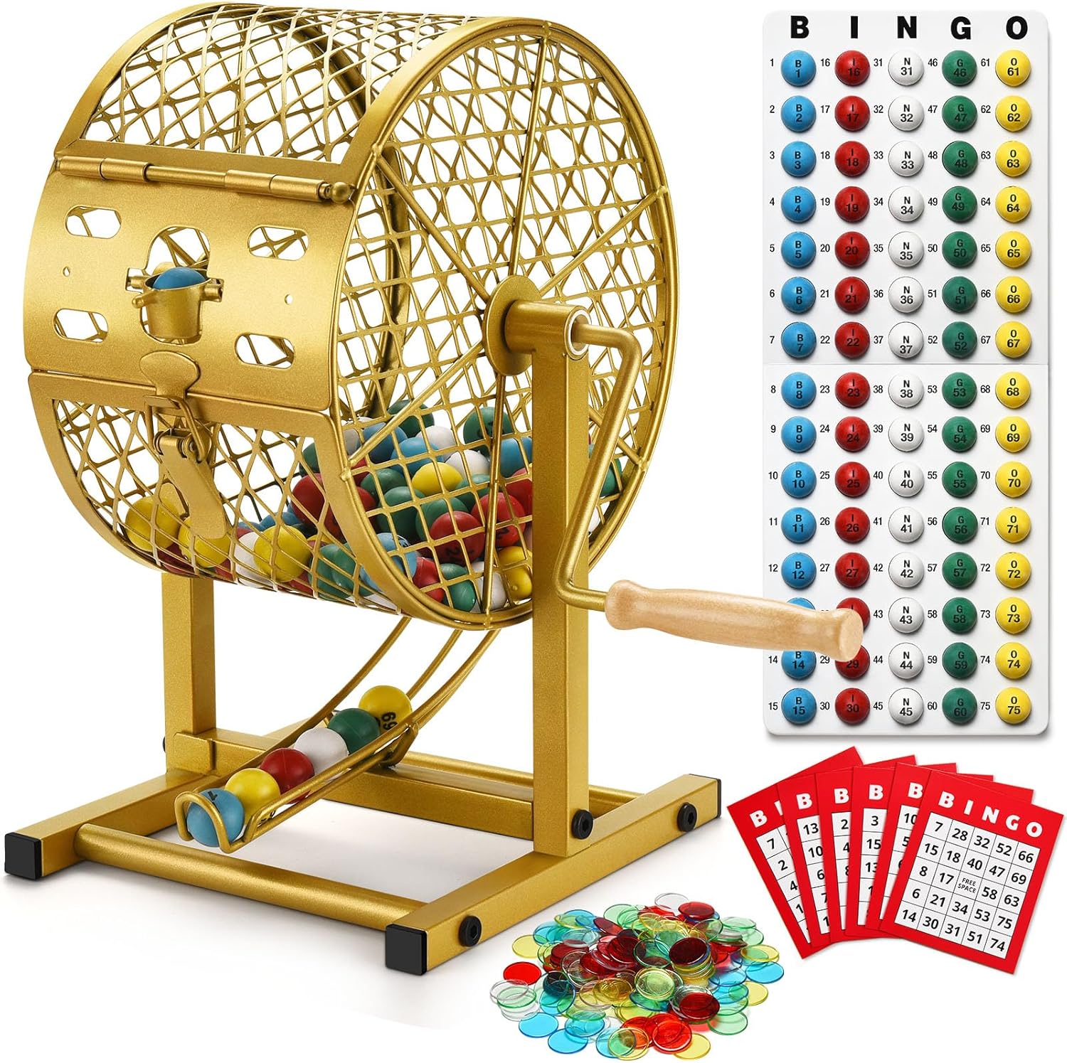 12.6\" Tall Bingo Game Sets with Steel Cage, Professional Bingo Game for Adults/Kids Includes Colorful Chips, 30 Cards and 75 Balls, Great for Fun Family, Large Groups, Parties INCOMPLETE