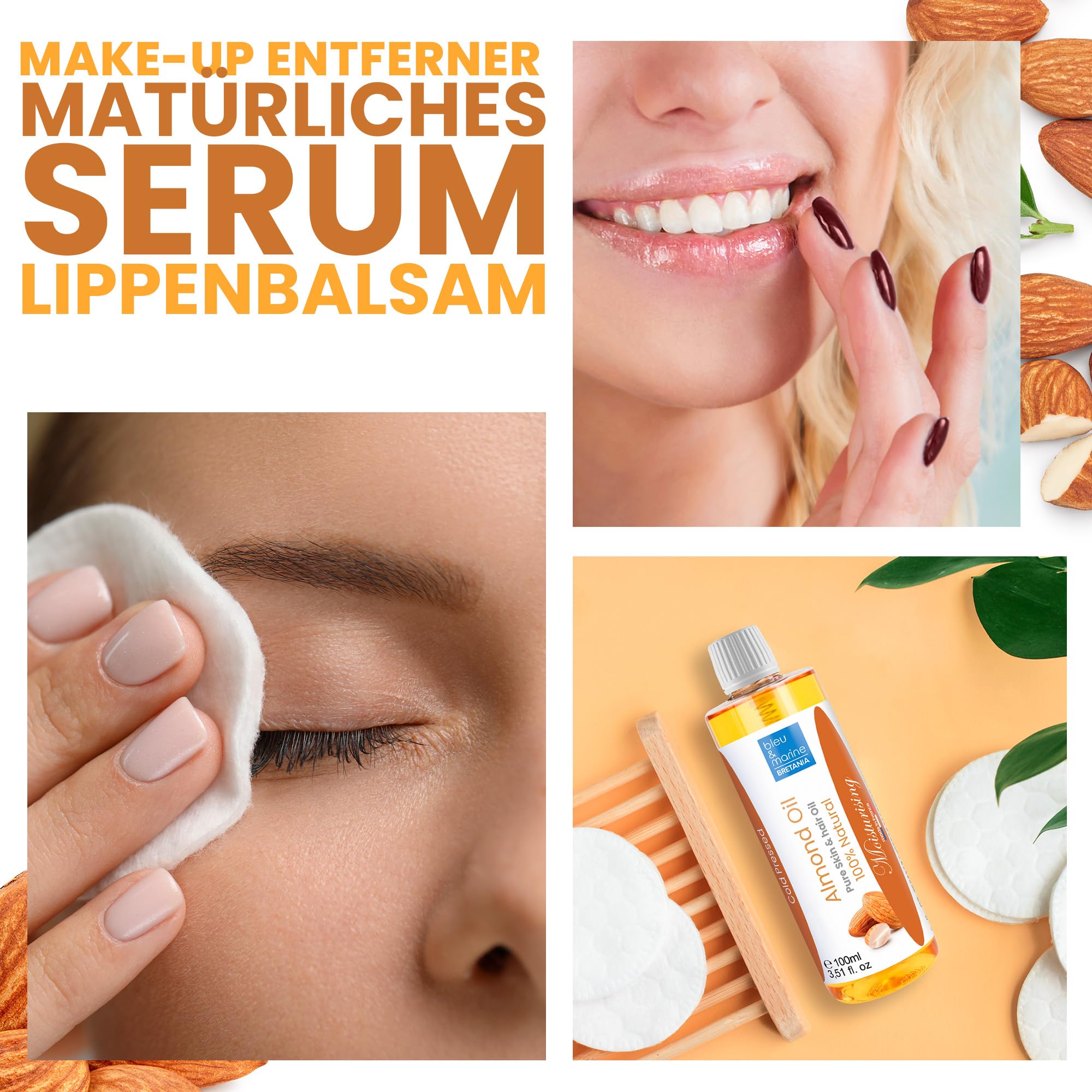 Bleu & Marine Bretania - Natürliches Mandelöl kaltgepresst 10000ml | Unraffiniert, GVO-frei | Schwangerschaftsstreifen-Vorbeugung | Make-up-Entferner | Haar-Reparatur, Orange