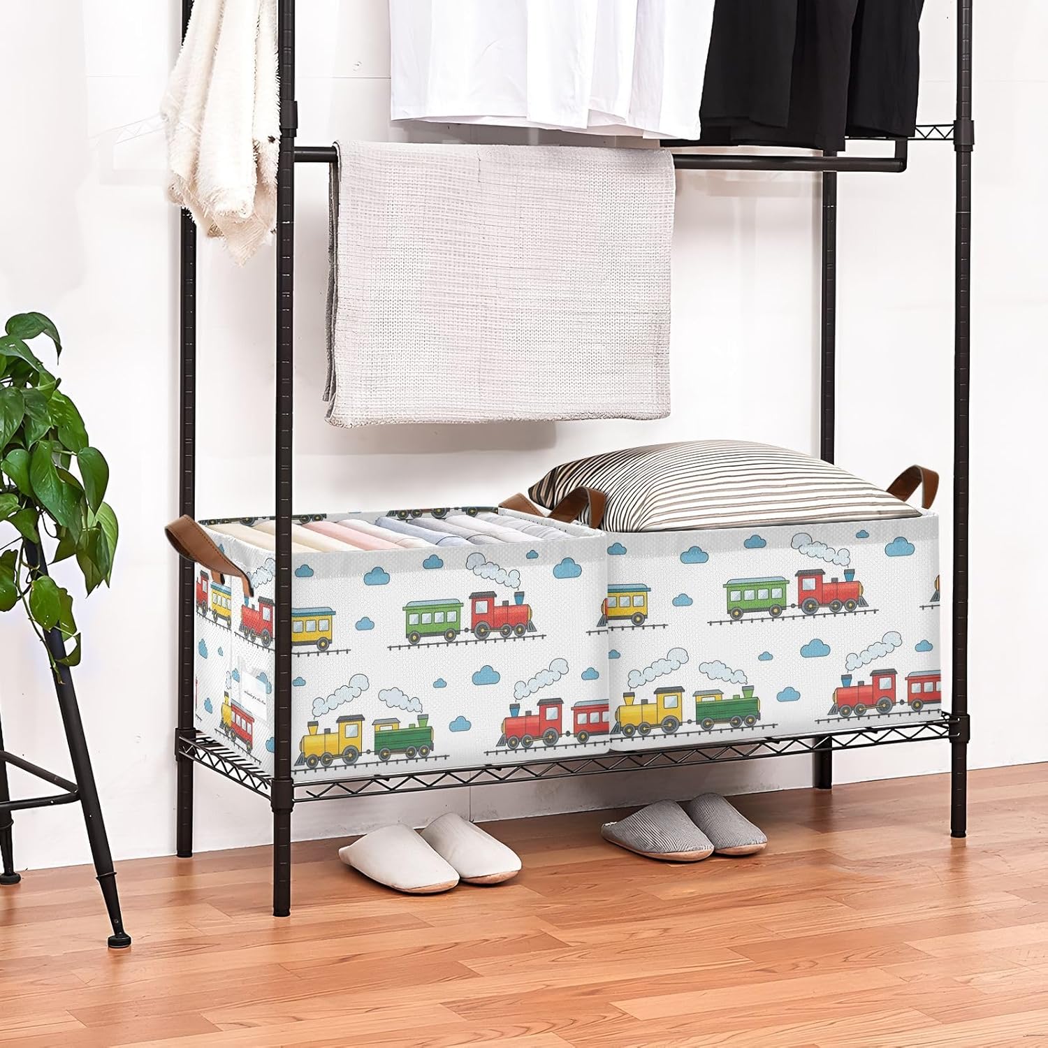 Train Cloud White Pattern Storage Bins for Shelves Foldable Storage Basket for Organizing Home Nursery Office Books Shelf Closet Rectangular Storage Cubes with Handles