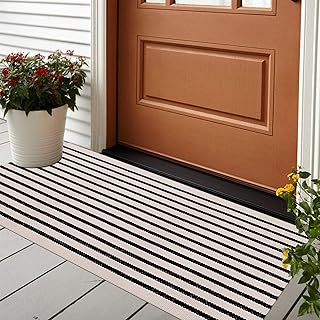 LEEVAN Black and White Striped Outdoor Rug Runner 2x4 Layering Doormat Farmhouse Front Porch Rug Cotton Woven Washable Throw Carpet for Hallway/Front Steps/Bathroom/Kitchen/Home Entrance