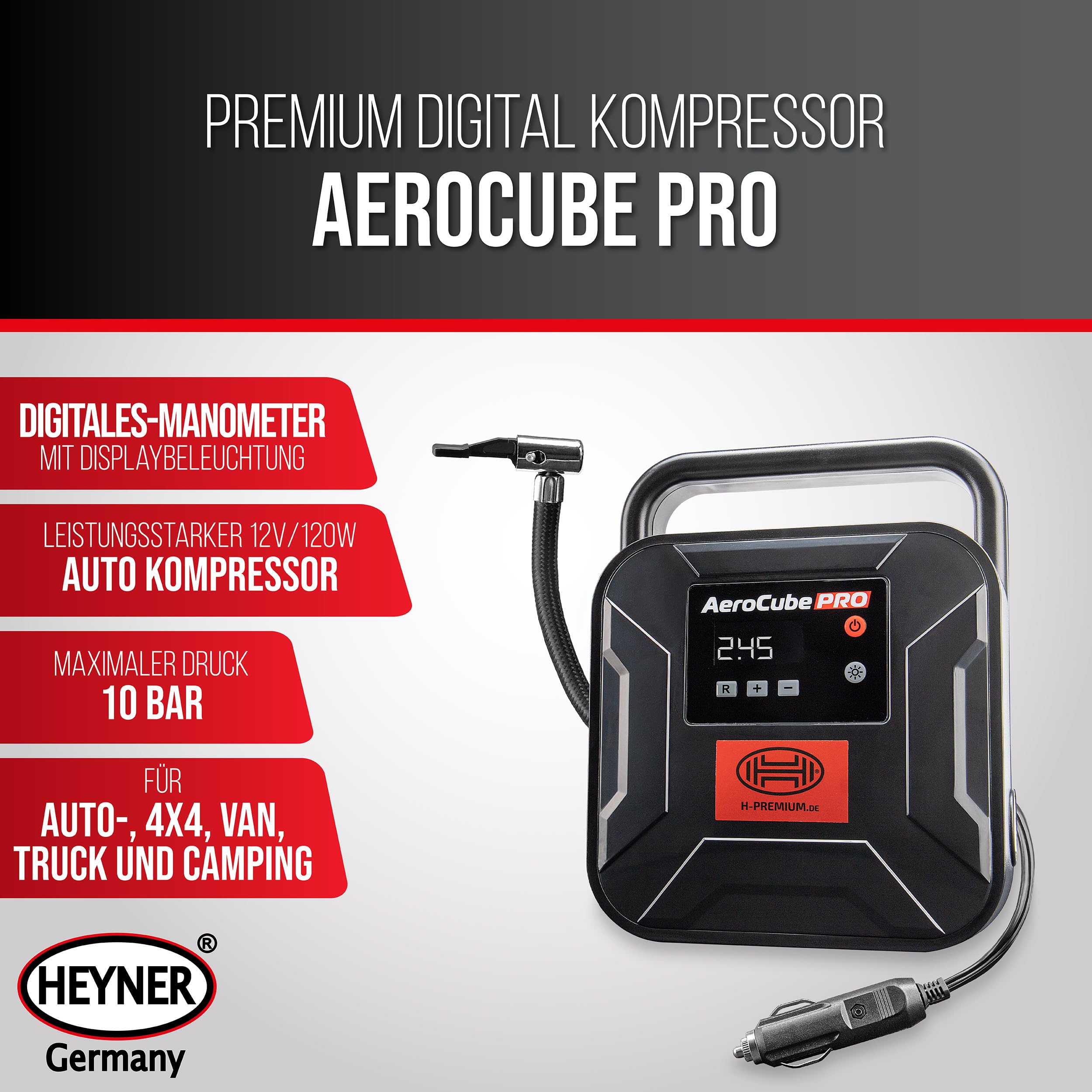 HEYNER® Kompressor mini I Tasche I 12V/120W Druckluft 10 bar/150PSI Digitales Manometer I LED Beleuchtung I elektrische Luftpumpe tragbarer Kompressor Zigarettenanzünder Autoreifen